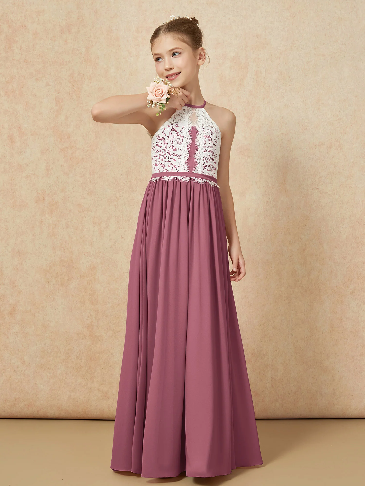 Lace Top Sleeveless Pleated Long Junior Bridesmaid Dress Mulberry - Image 4