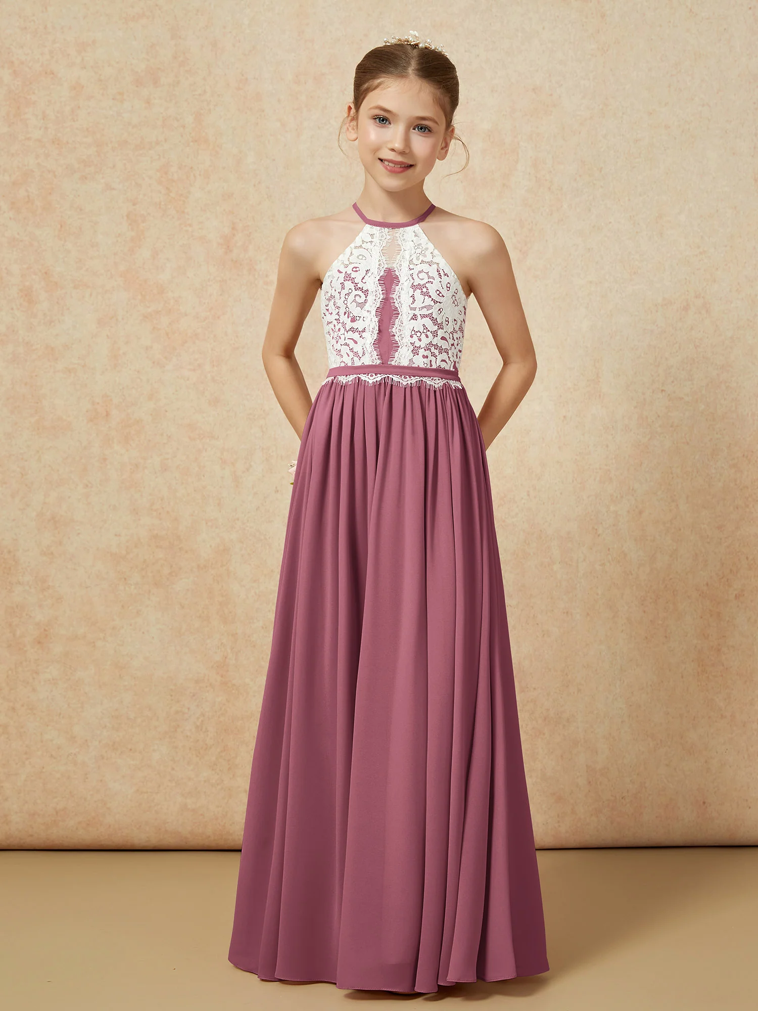 Lace Top Sleeveless Pleated Long Junior Bridesmaid Dress Mulberry - Image 5