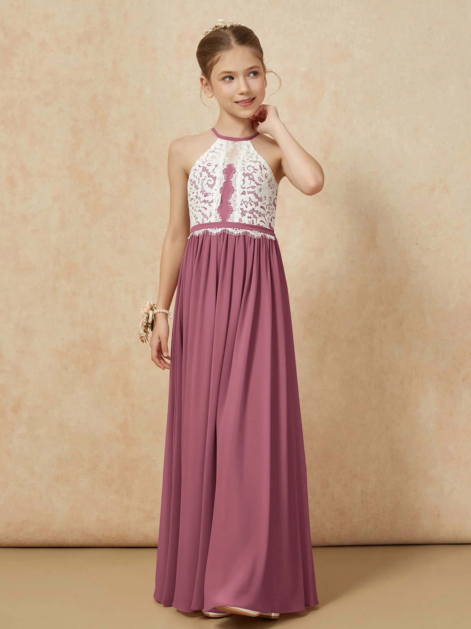 Lace Top Sleeveless Pleated Long Junior Bridesmaid Dress Mulberry - Image 6