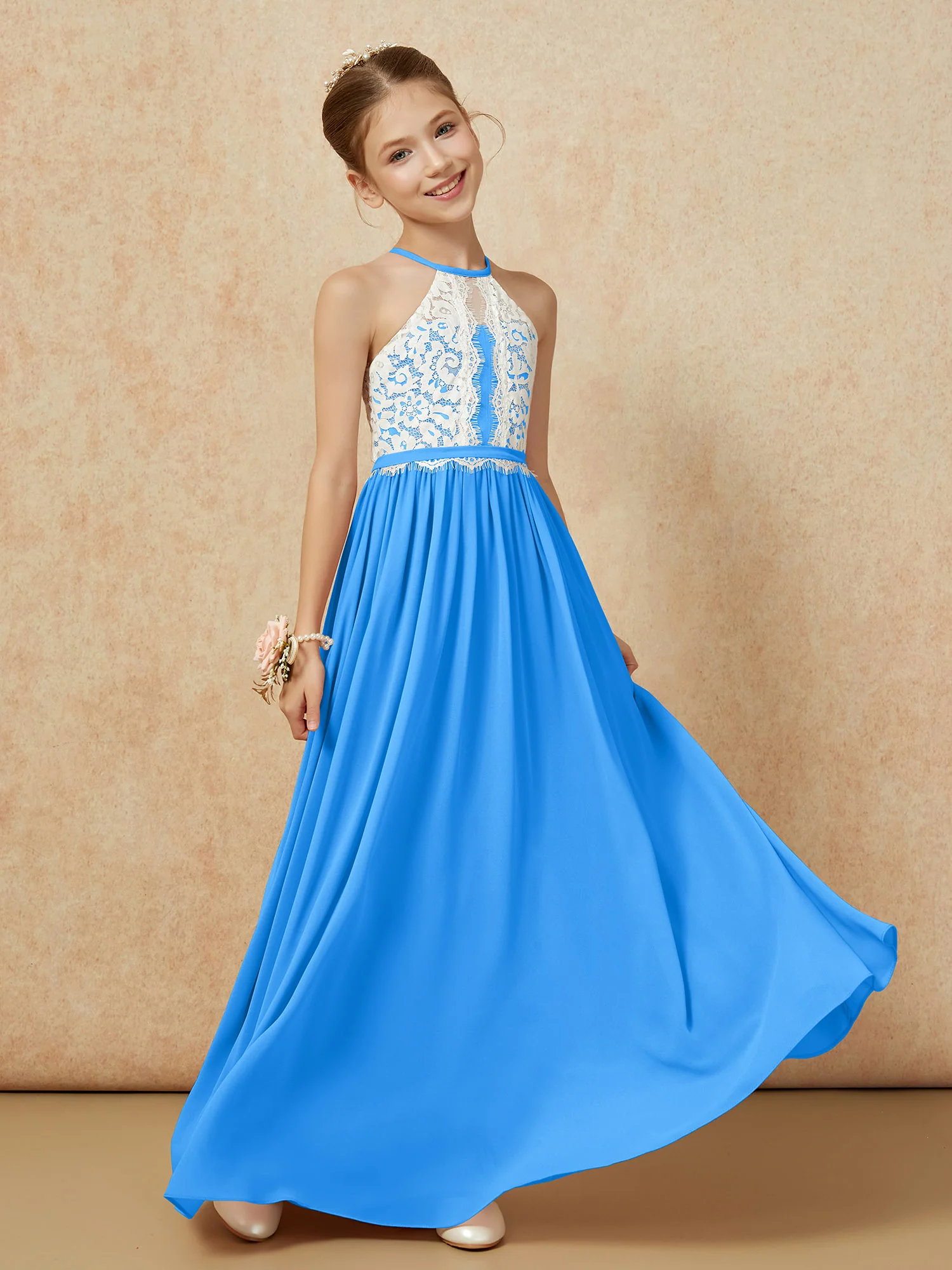 Lace Top Sleeveless Pleated Long Junior Bridesmaid Dress Ocean Blue - Image 3