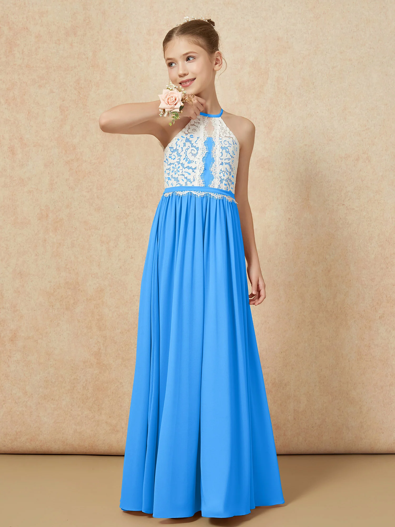 Lace Top Sleeveless Pleated Long Junior Bridesmaid Dress Ocean Blue - Image 4