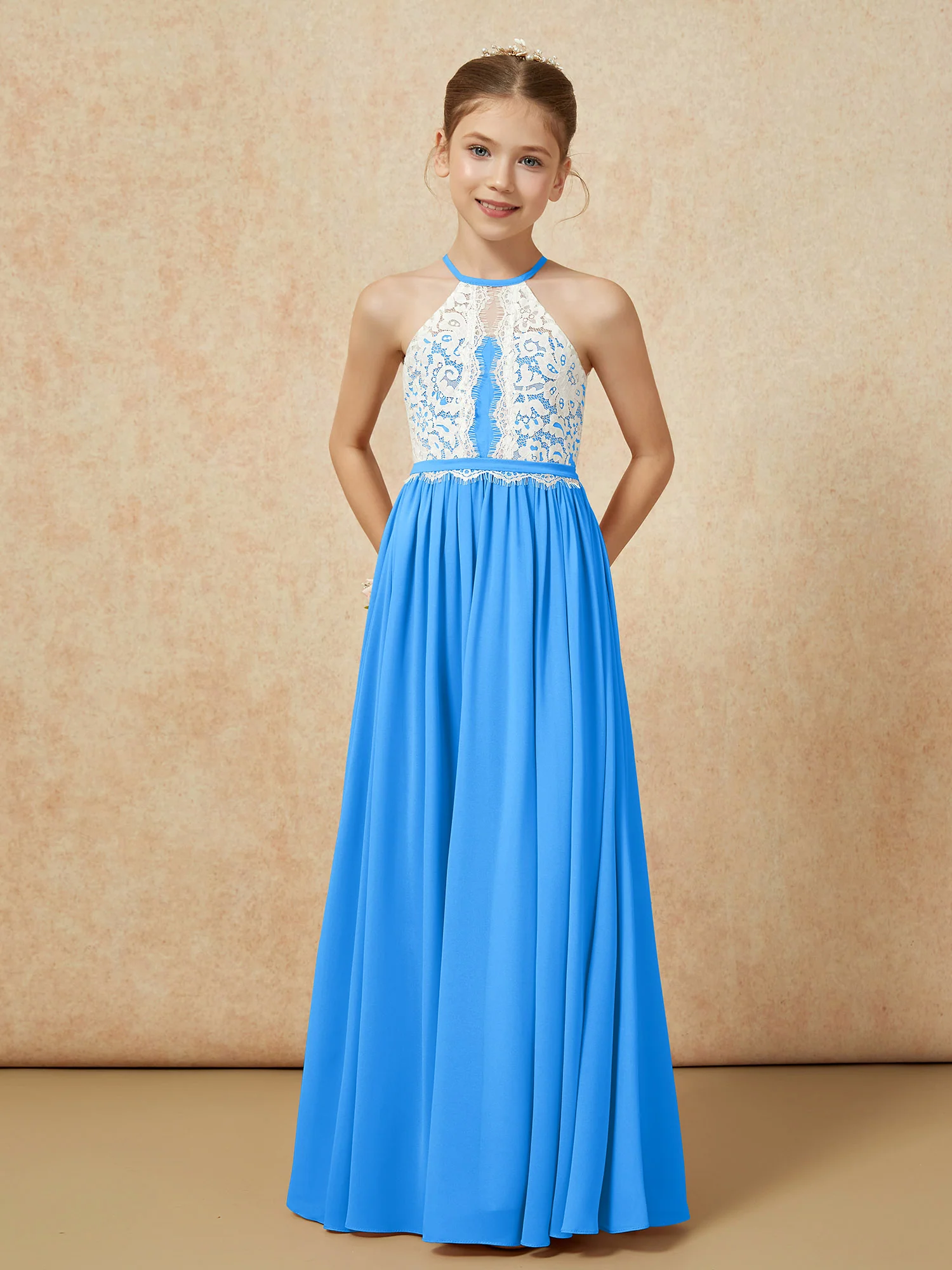 Lace Top Sleeveless Pleated Long Junior Bridesmaid Dress Ocean Blue - Image 5