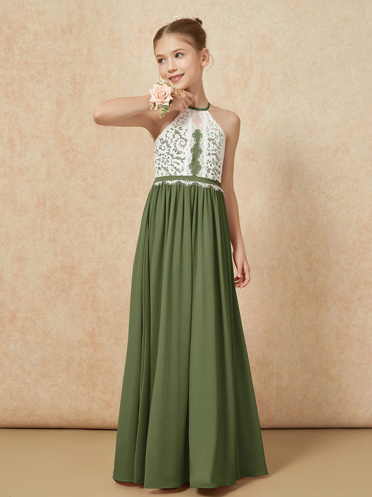 Lace Top Sleeveless Pleated Long Junior Bridesmaid Dress Olive Green - Image 4