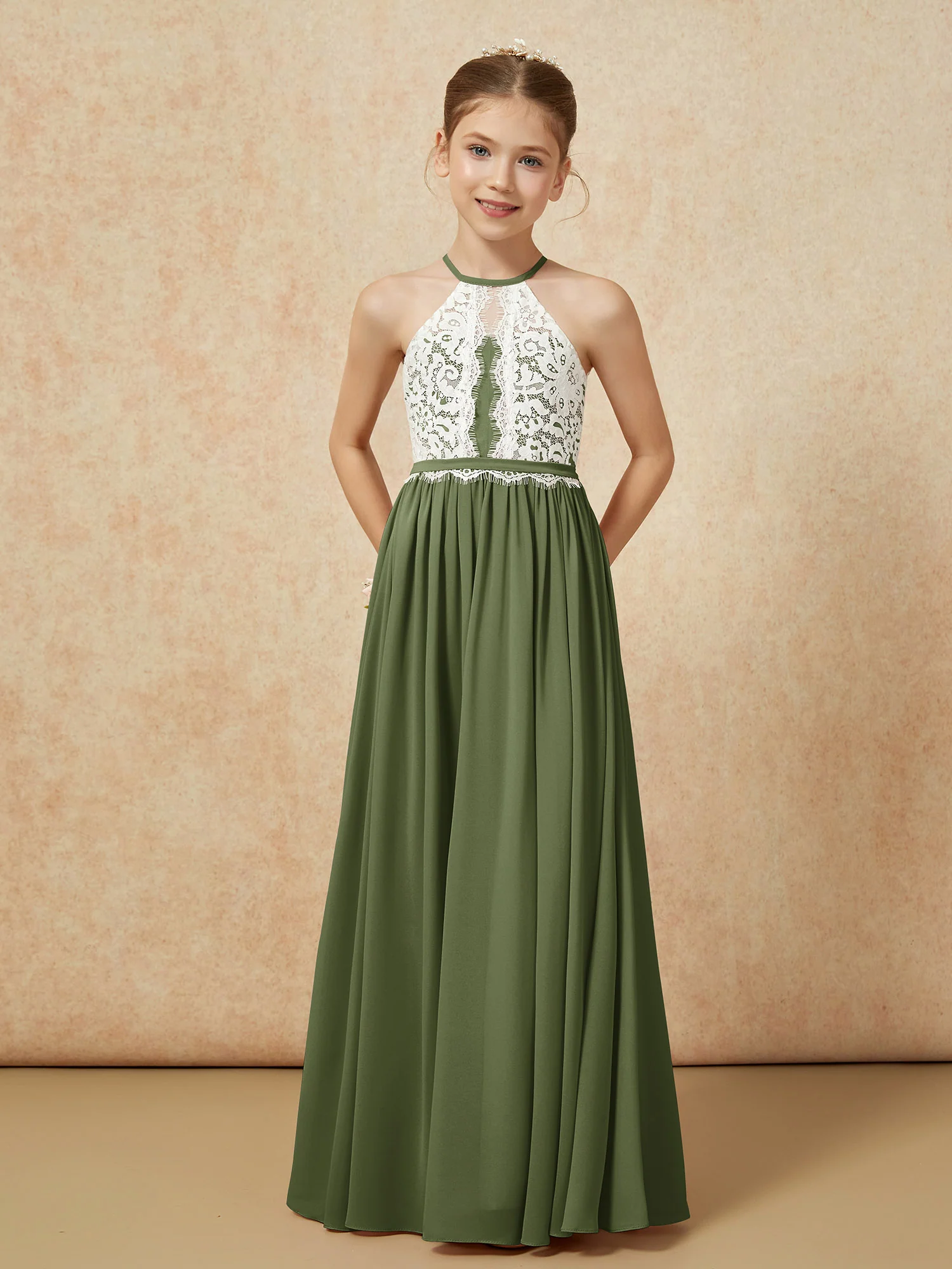 Lace Top Sleeveless Pleated Long Junior Bridesmaid Dress Olive Green - Image 5
