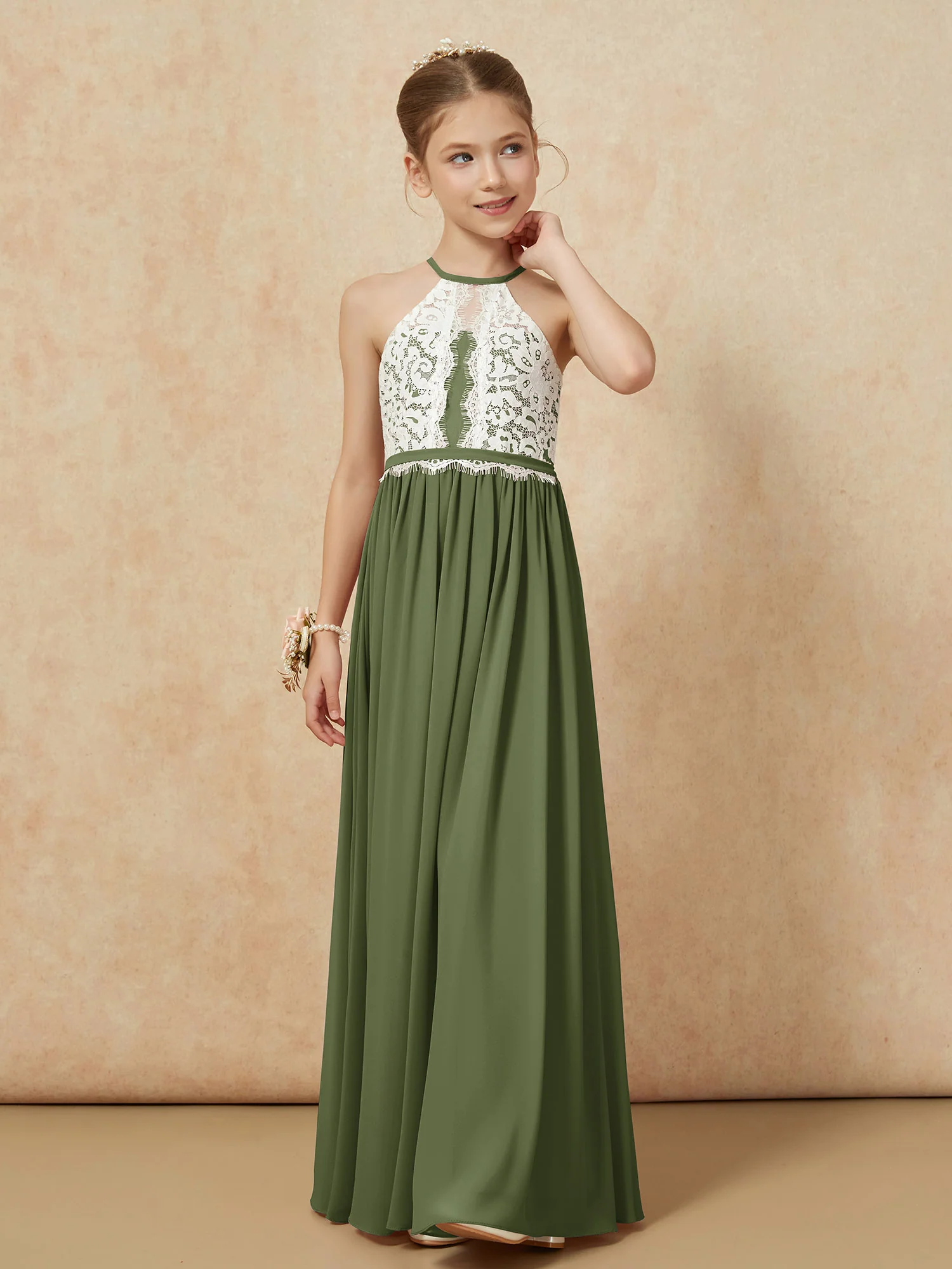 Lace Top Sleeveless Pleated Long Junior Bridesmaid Dress Olive Green - Image 6