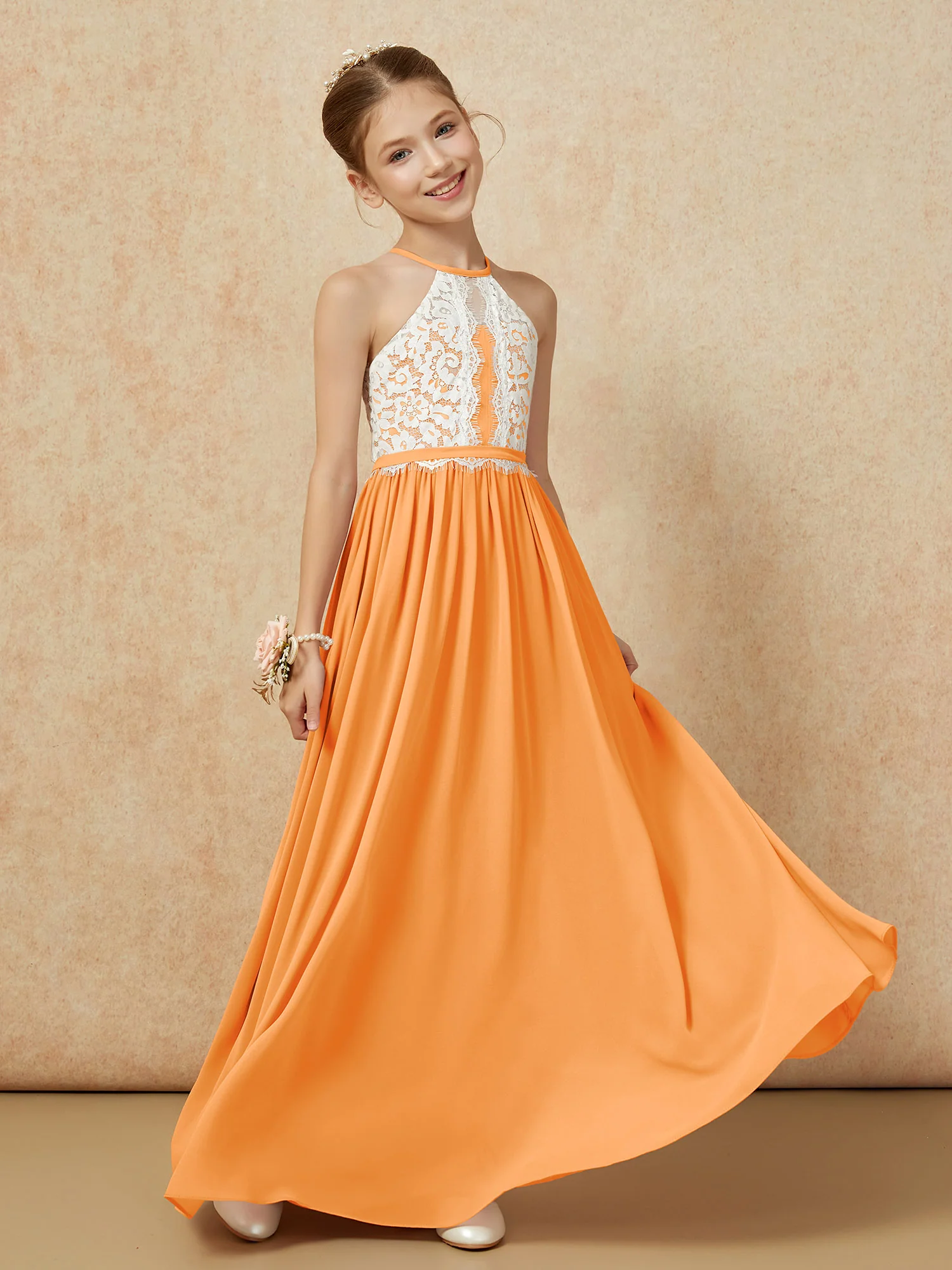 Lace Top Sleeveless Pleated Long Junior Bridesmaid Dress Orange - Image 3