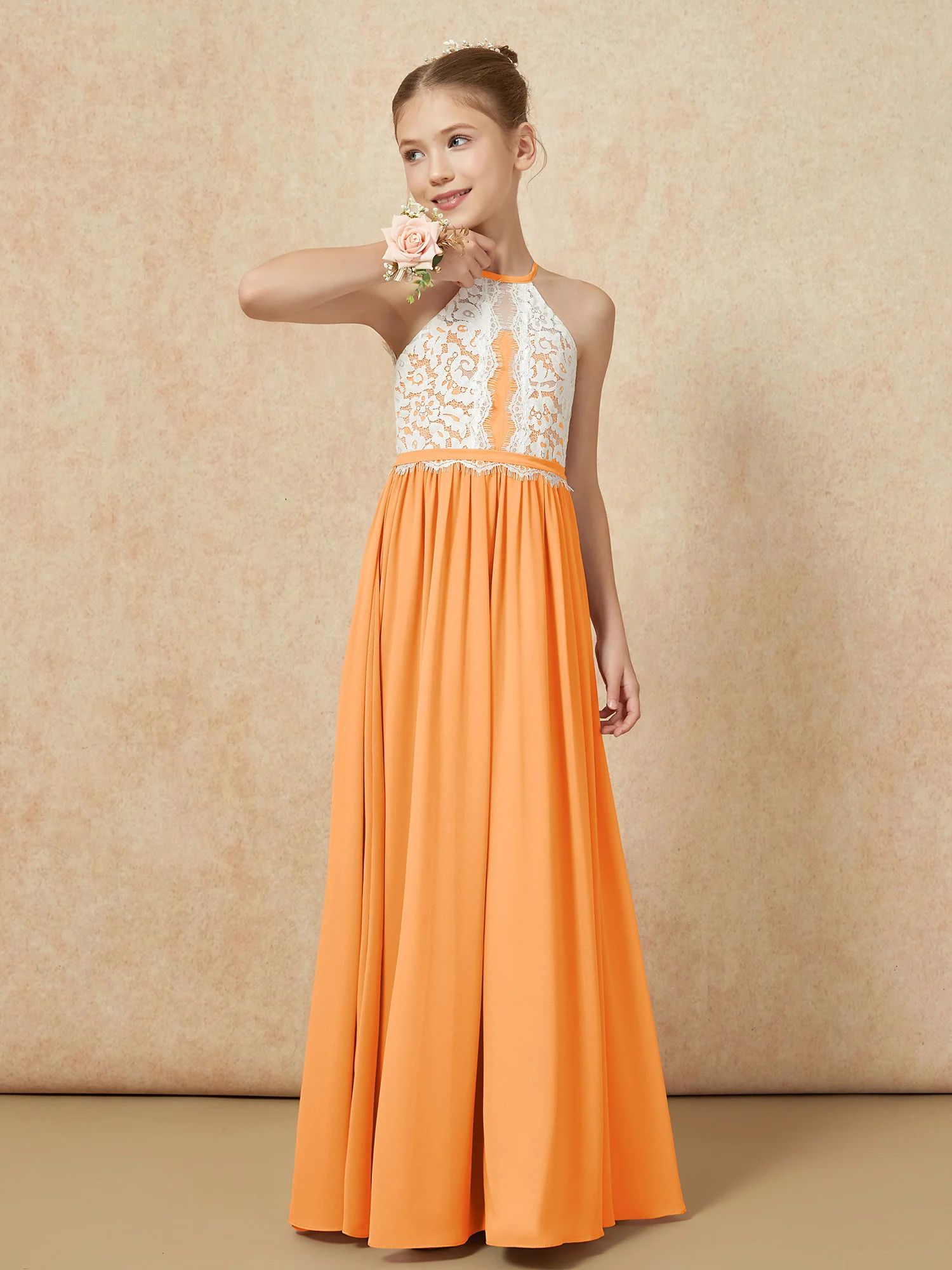 Lace Top Sleeveless Pleated Long Junior Bridesmaid Dress Orange - Image 4