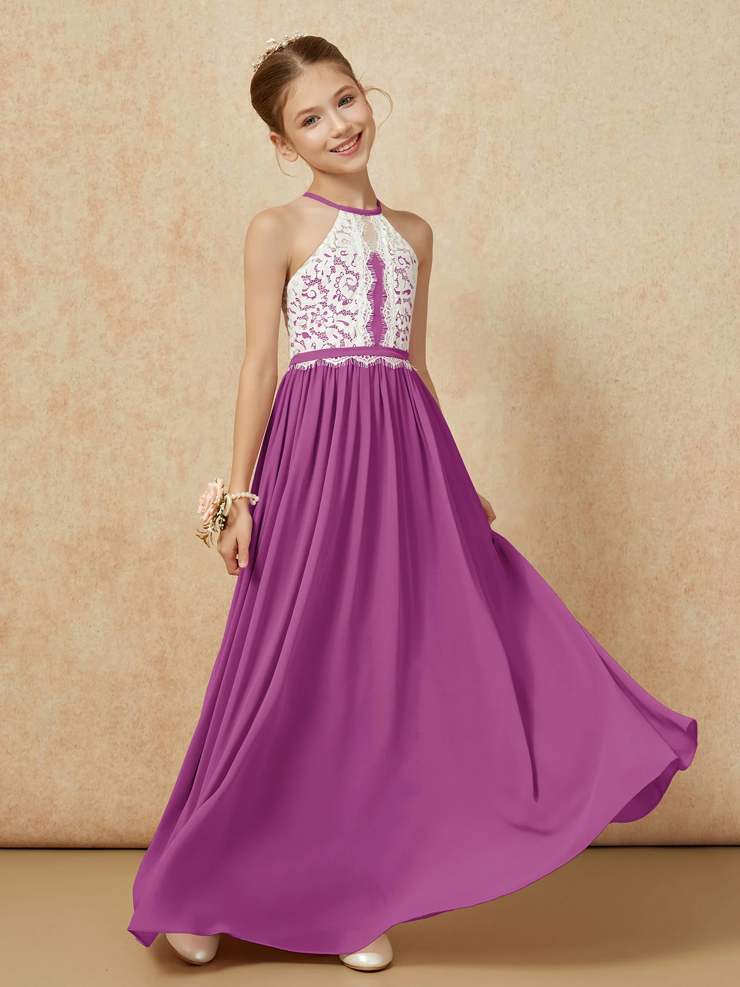 Lace Top Sleeveless Pleated Long Junior Bridesmaid Dress Orchid - Image 3