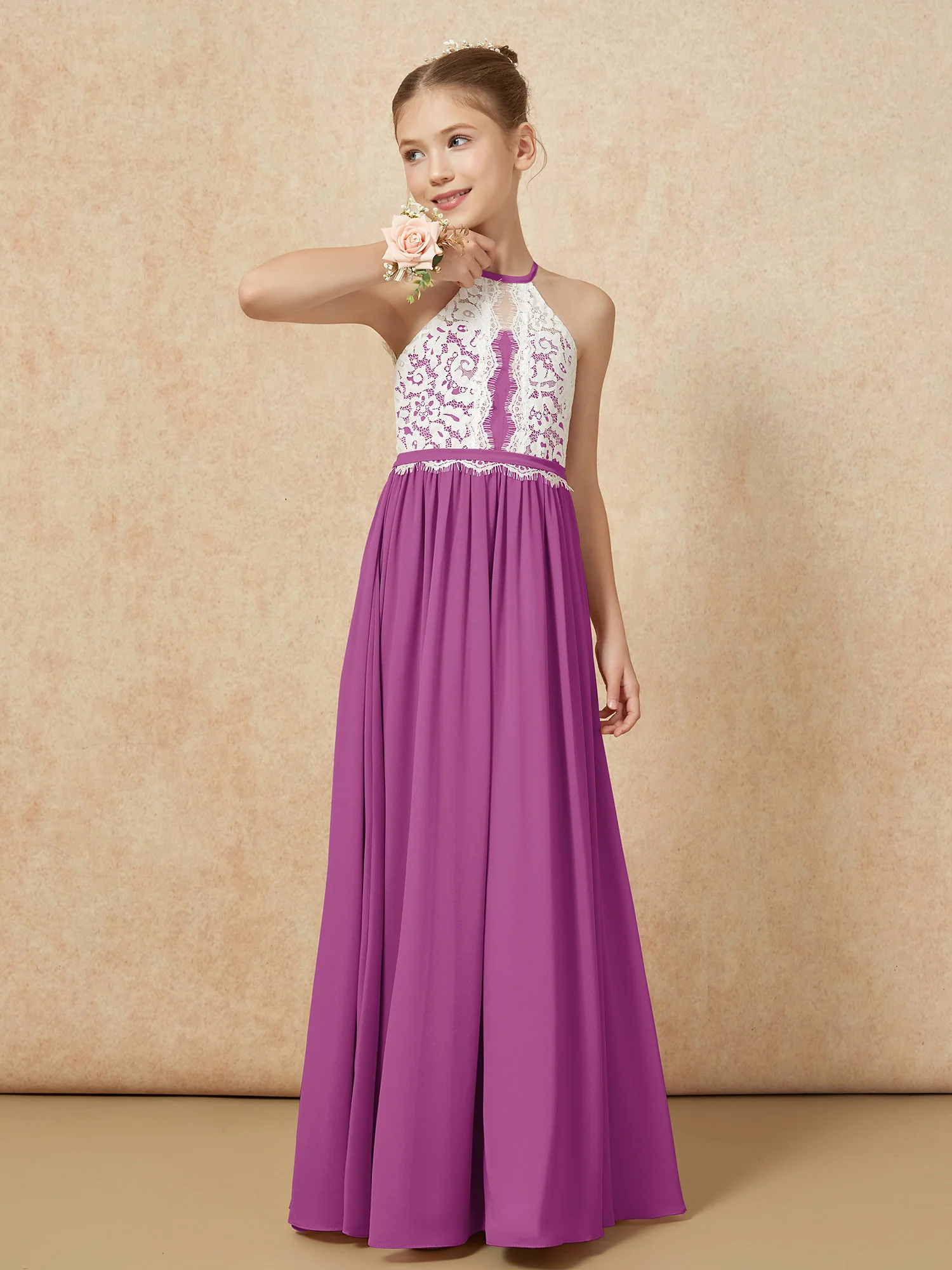 Lace Top Sleeveless Pleated Long Junior Bridesmaid Dress Orchid - Image 4