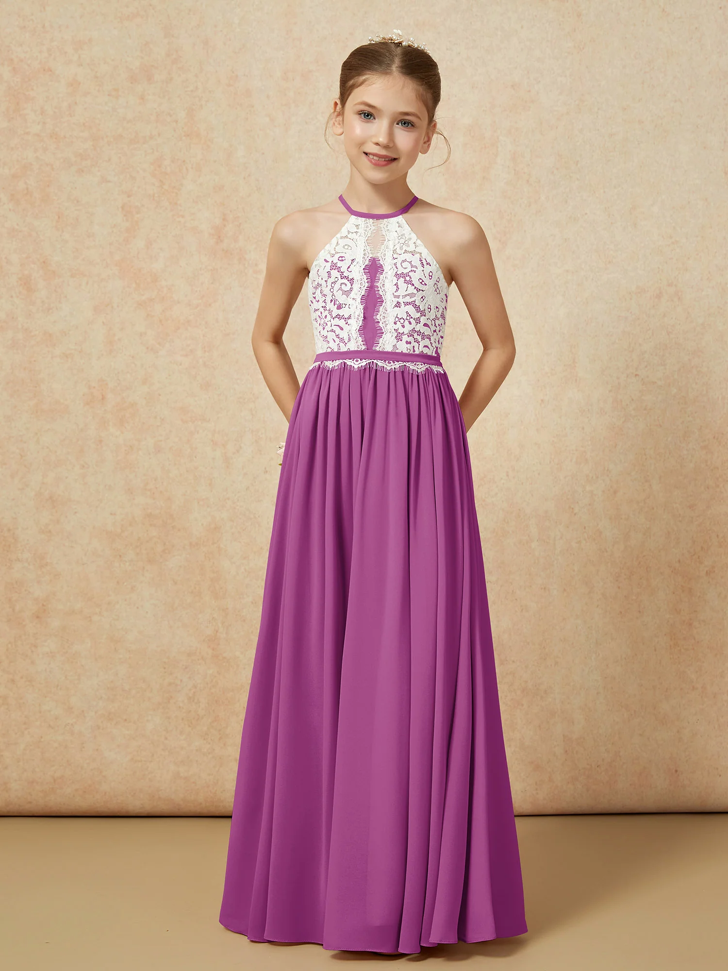 Lace Top Sleeveless Pleated Long Junior Bridesmaid Dress Orchid - Image 5