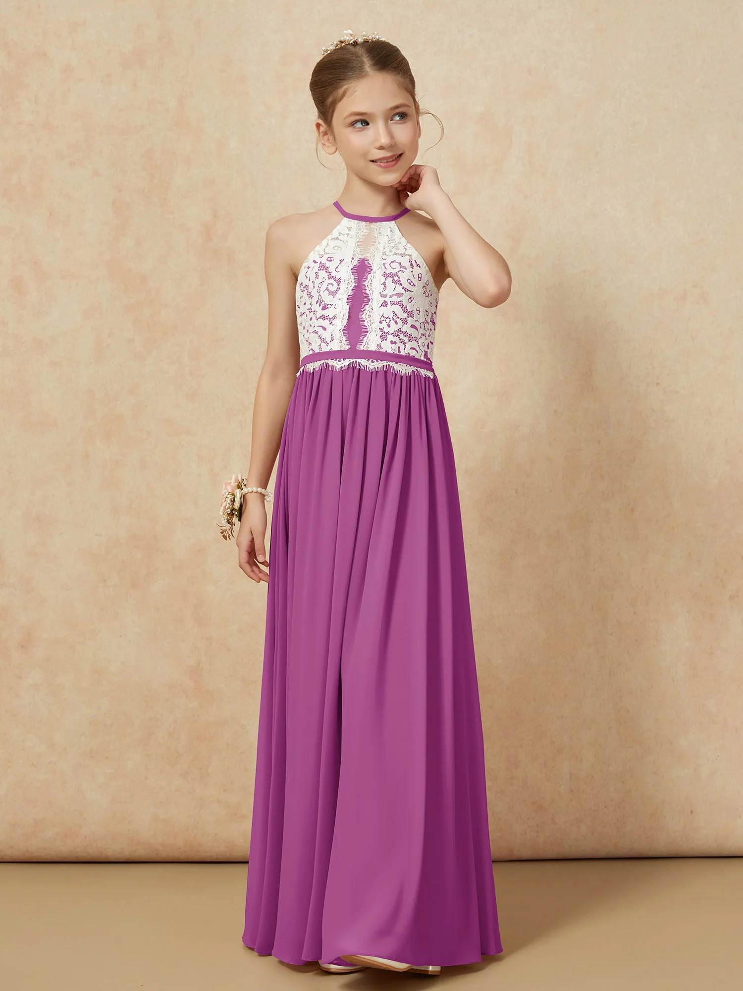 Lace Top Sleeveless Pleated Long Junior Bridesmaid Dress Orchid - Image 6