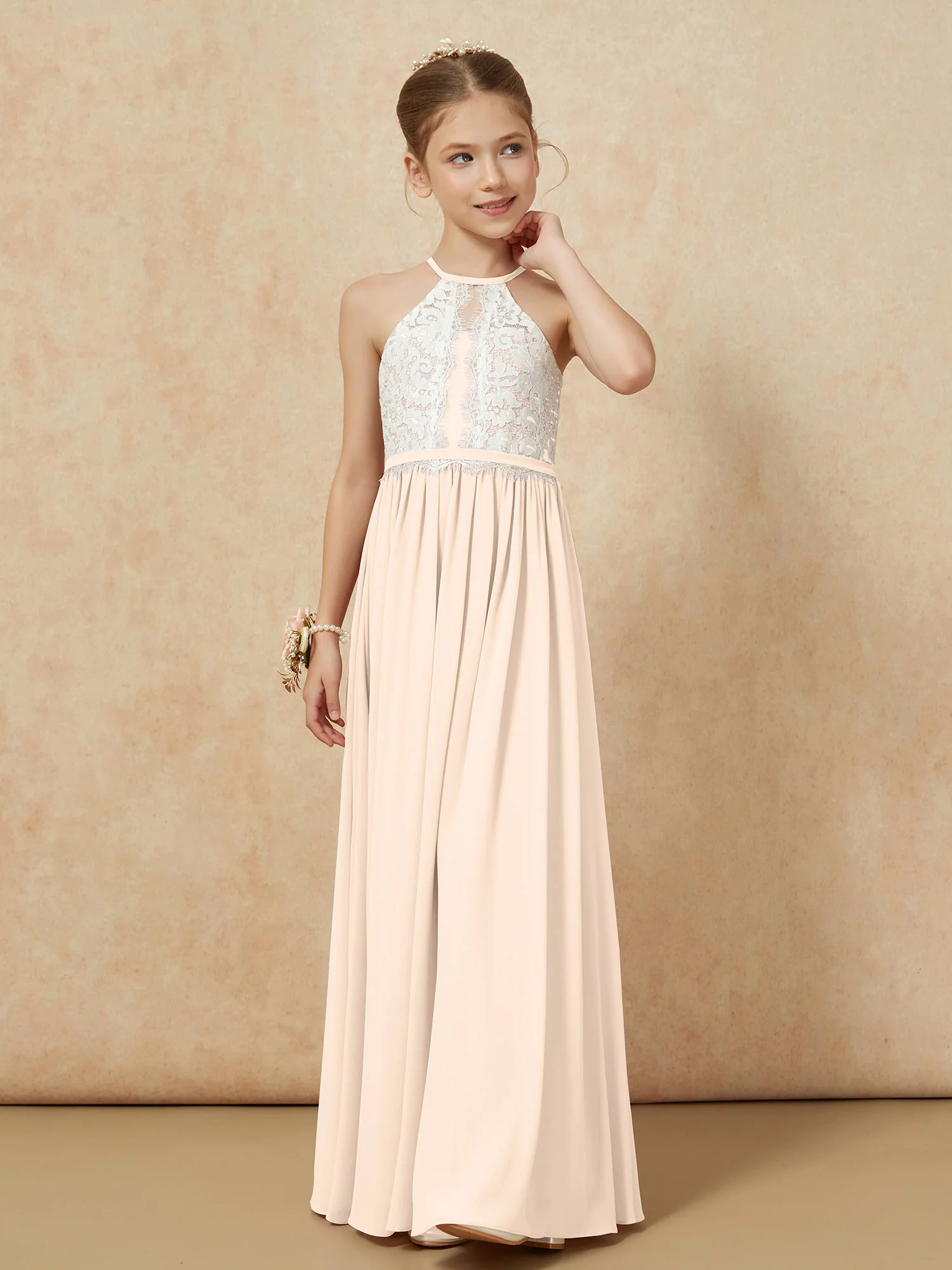 Lace Top Sleeveless Pleated Long Junior Bridesmaid Dress Peach - Image 6