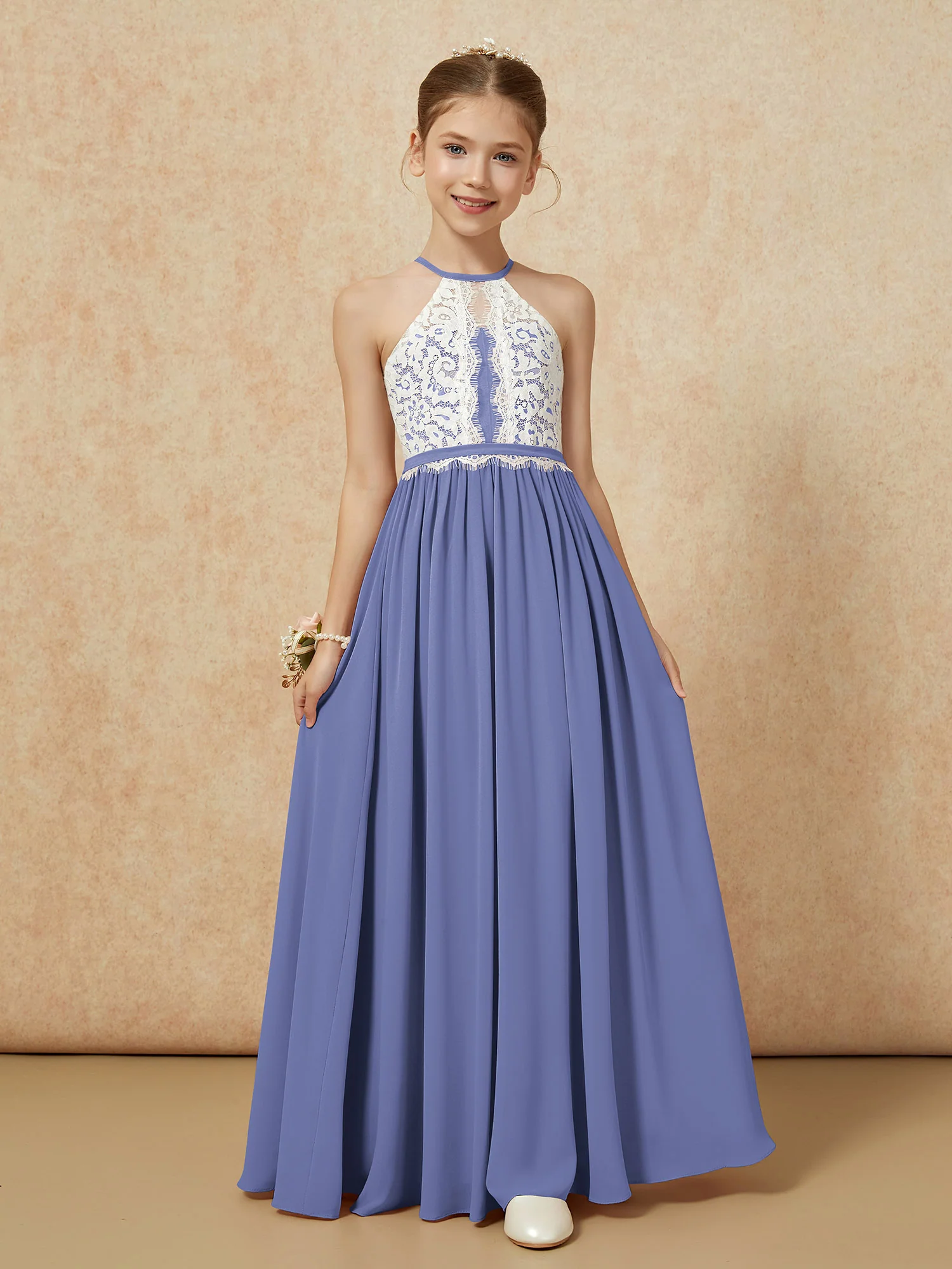 Lace Top Sleeveless Pleated Long Junior Bridesmaid Dress Periwinkle