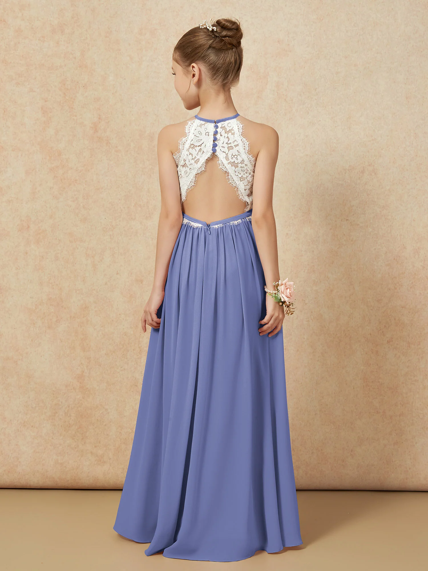 Lace Top Sleeveless Pleated Long Junior Bridesmaid Dress Periwinkle - Image 2
