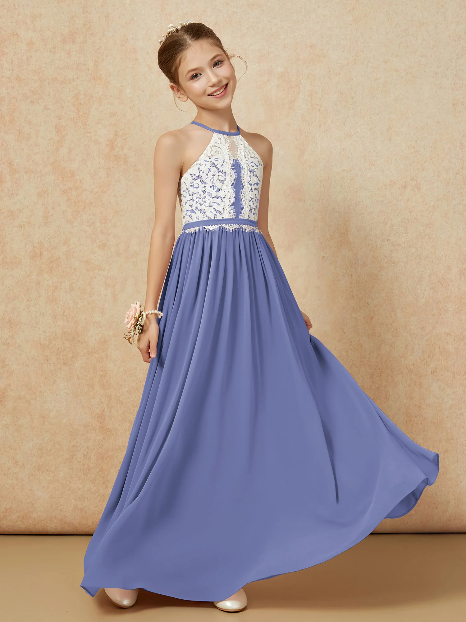 Lace Top Sleeveless Pleated Long Junior Bridesmaid Dress Periwinkle - Image 3