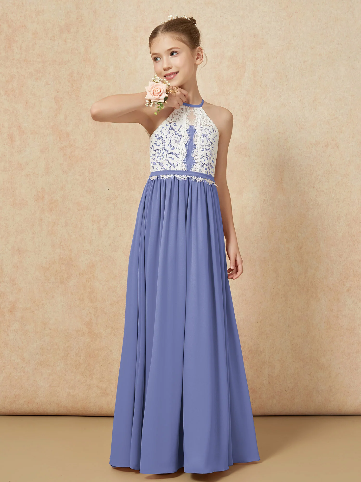 Lace Top Sleeveless Pleated Long Junior Bridesmaid Dress Periwinkle - Image 4