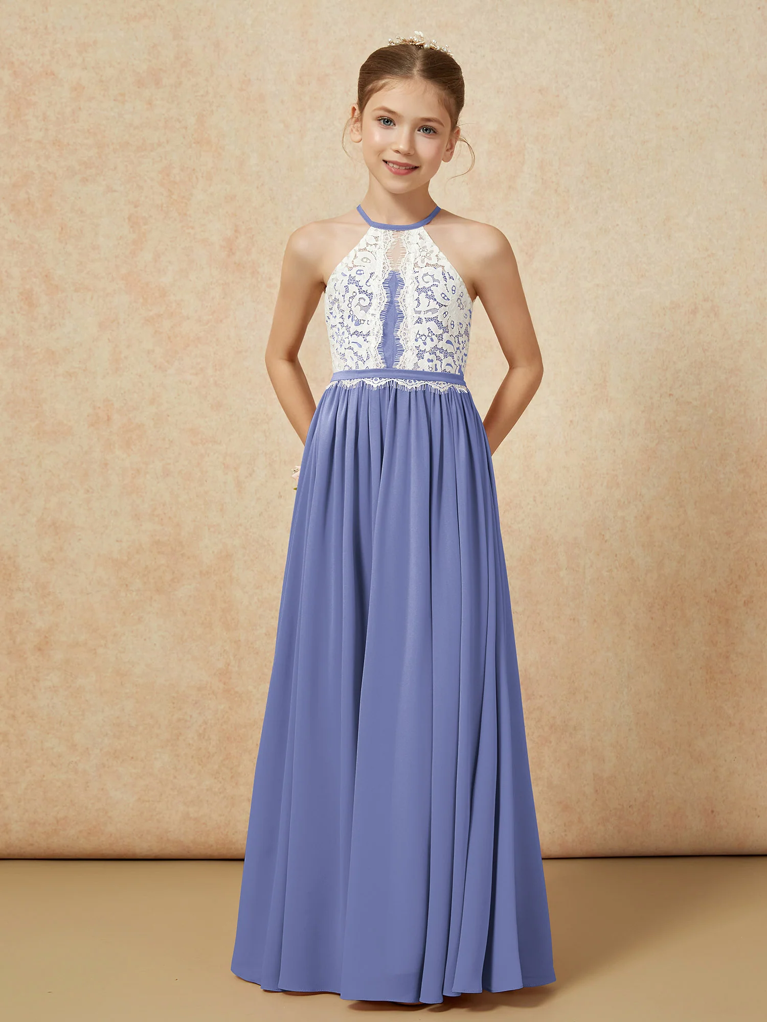 Lace Top Sleeveless Pleated Long Junior Bridesmaid Dress Periwinkle - Image 5