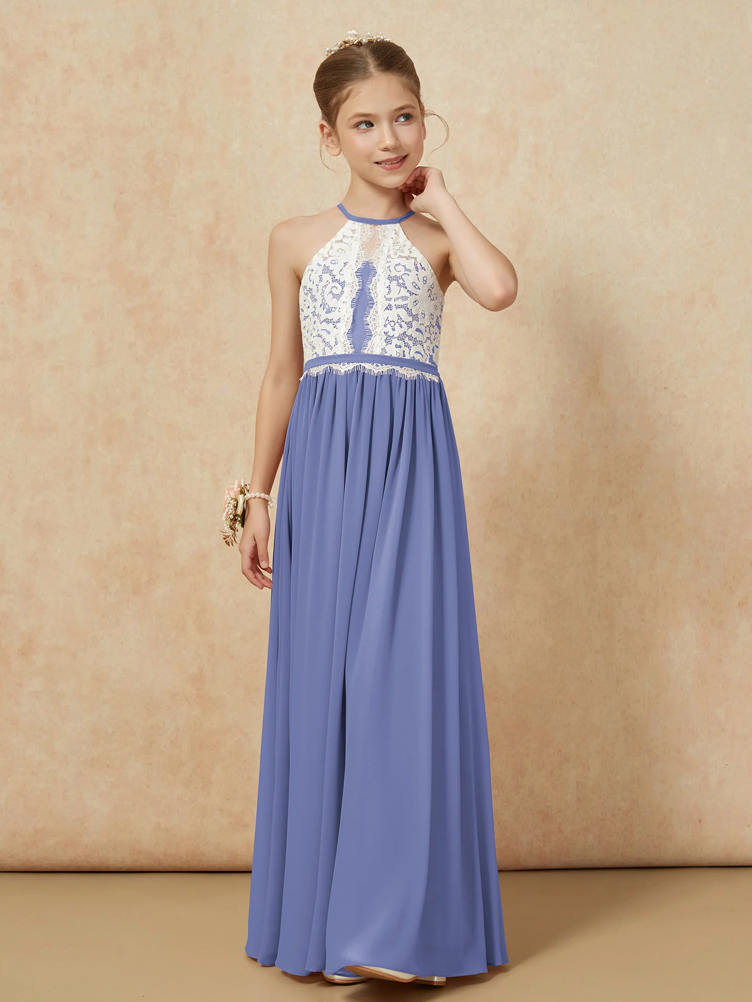 Lace Top Sleeveless Pleated Long Junior Bridesmaid Dress Periwinkle - Image 6