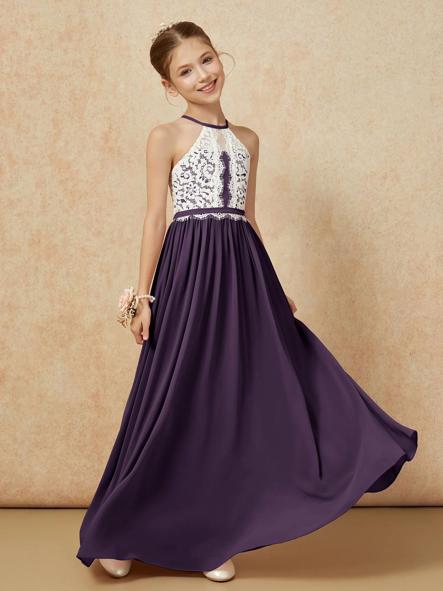 Lace Top Sleeveless Pleated Long Junior Bridesmaid Dress Plum - Image 3