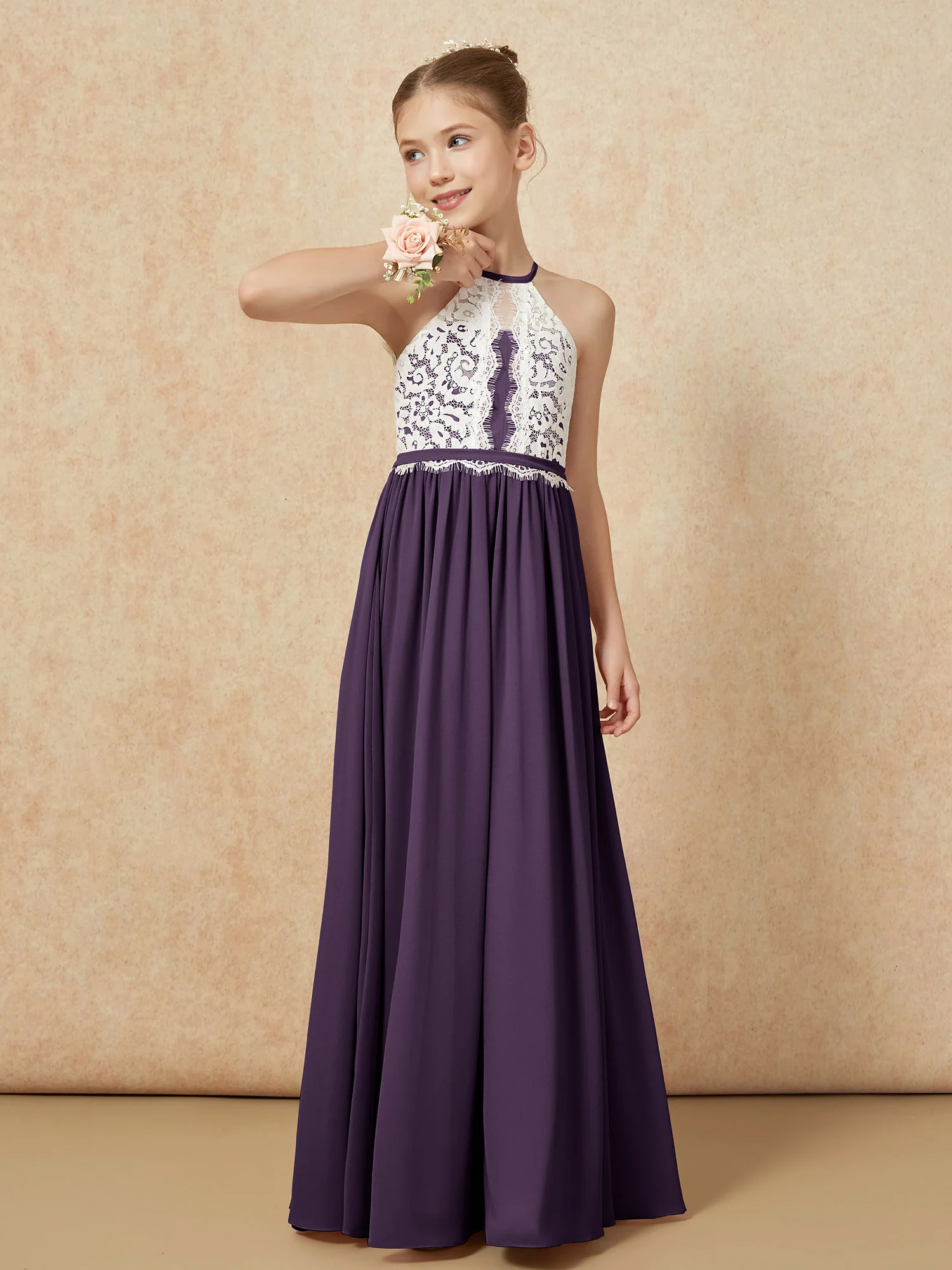 Lace Top Sleeveless Pleated Long Junior Bridesmaid Dress Plum - Image 4