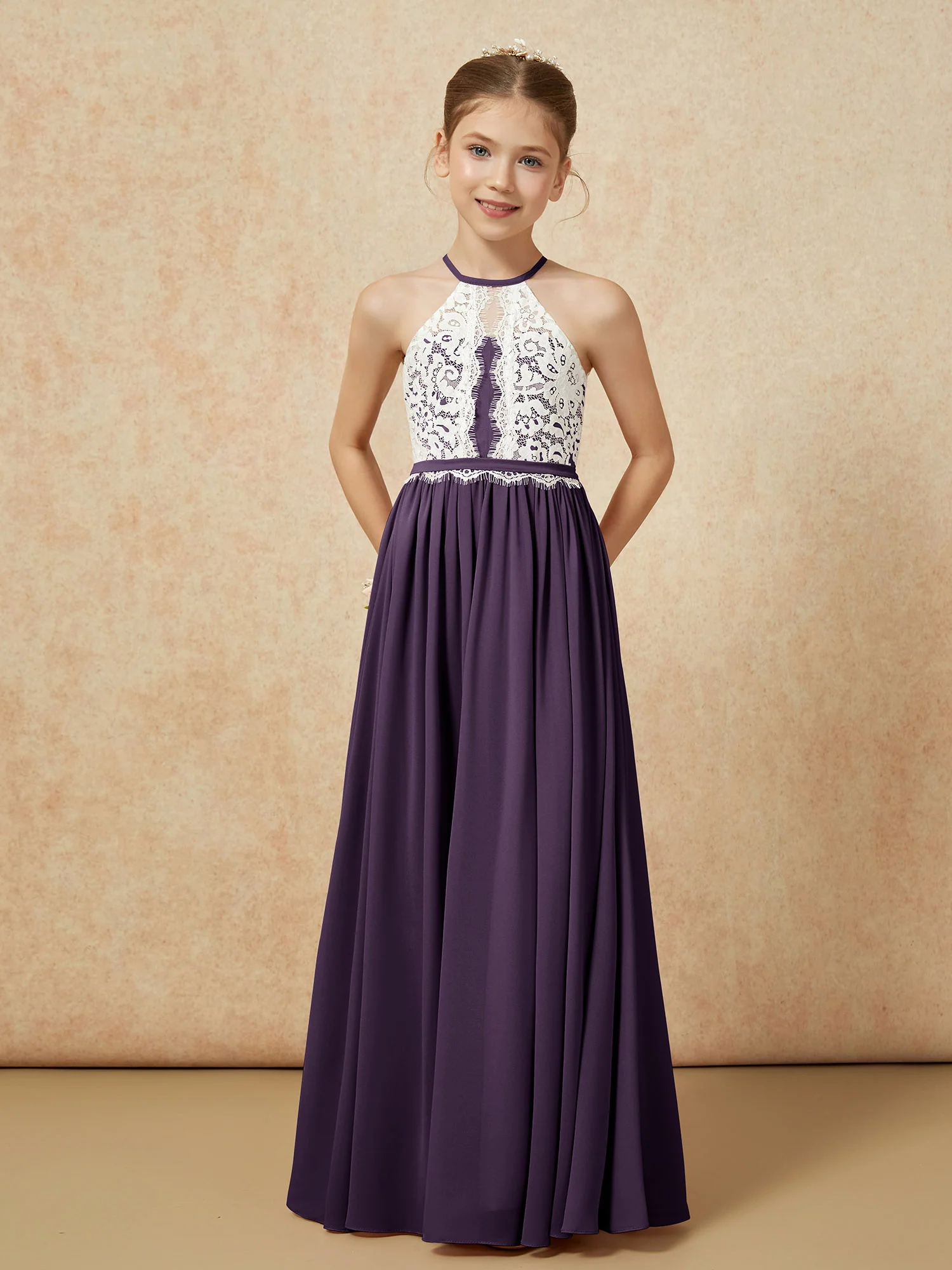 Lace Top Sleeveless Pleated Long Junior Bridesmaid Dress Plum - Image 5