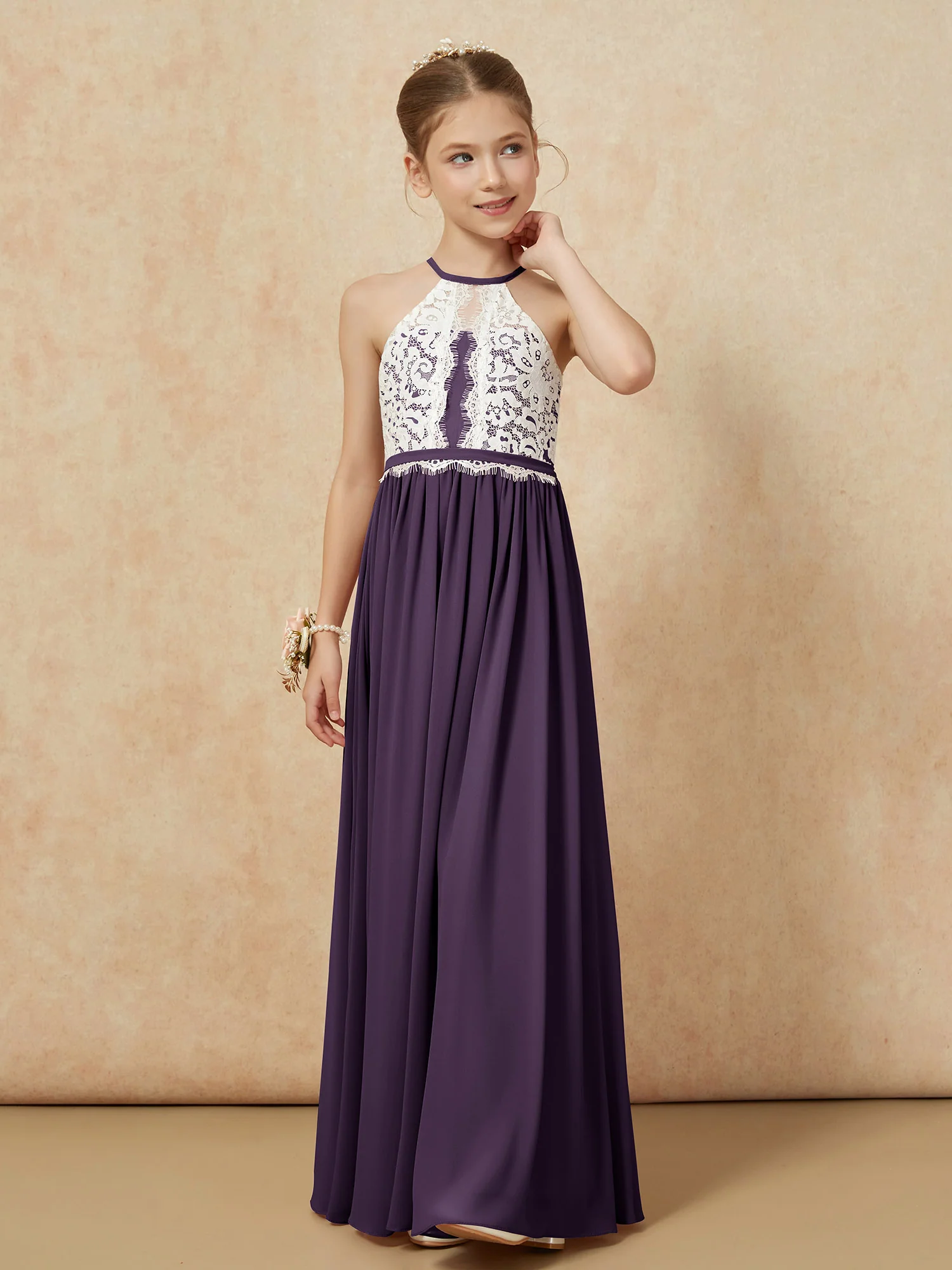 Lace Top Sleeveless Pleated Long Junior Bridesmaid Dress Plum - Image 6