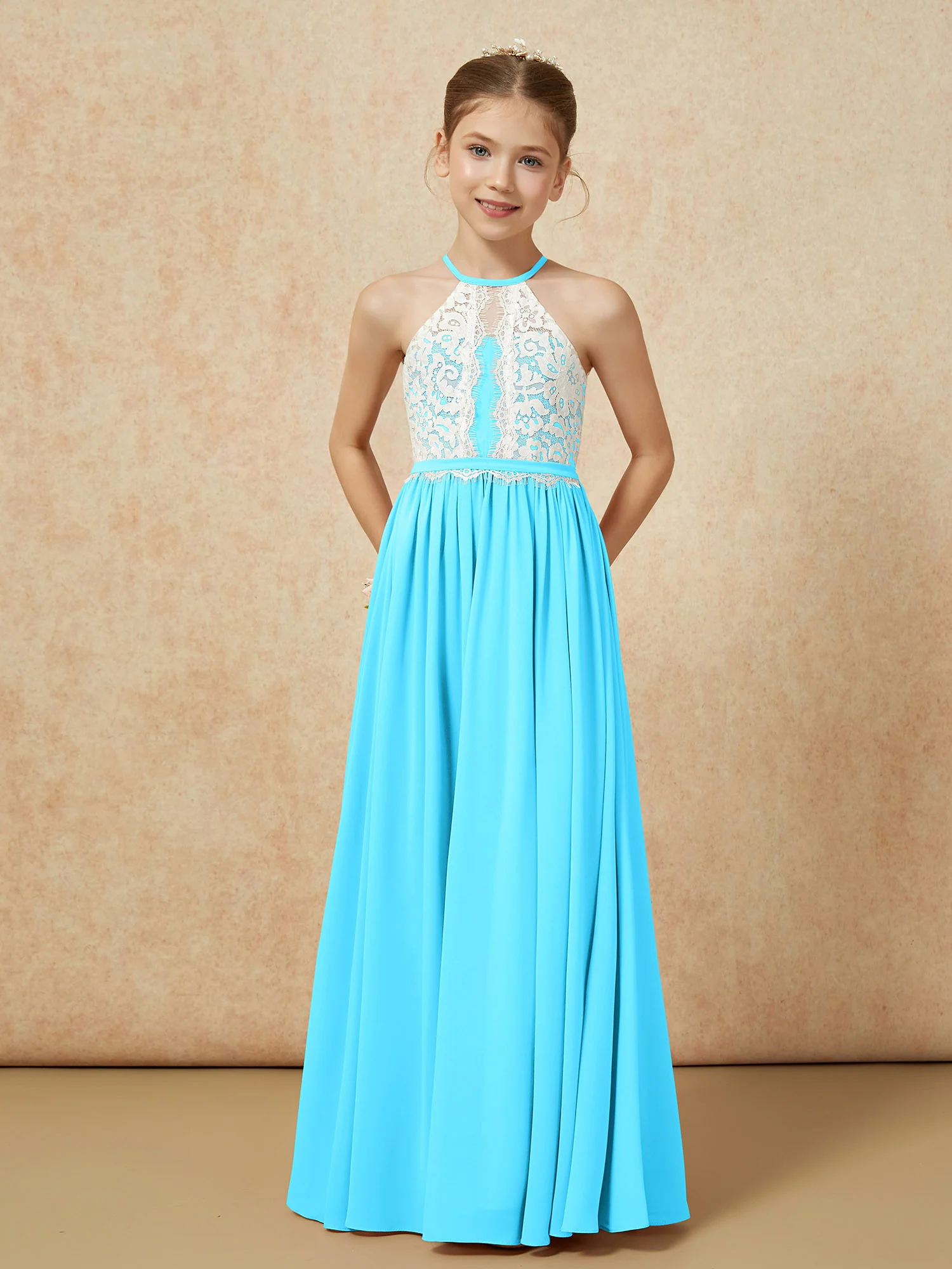 Lace Top Sleeveless Pleated Long Junior Bridesmaid Dress Pool - Image 5