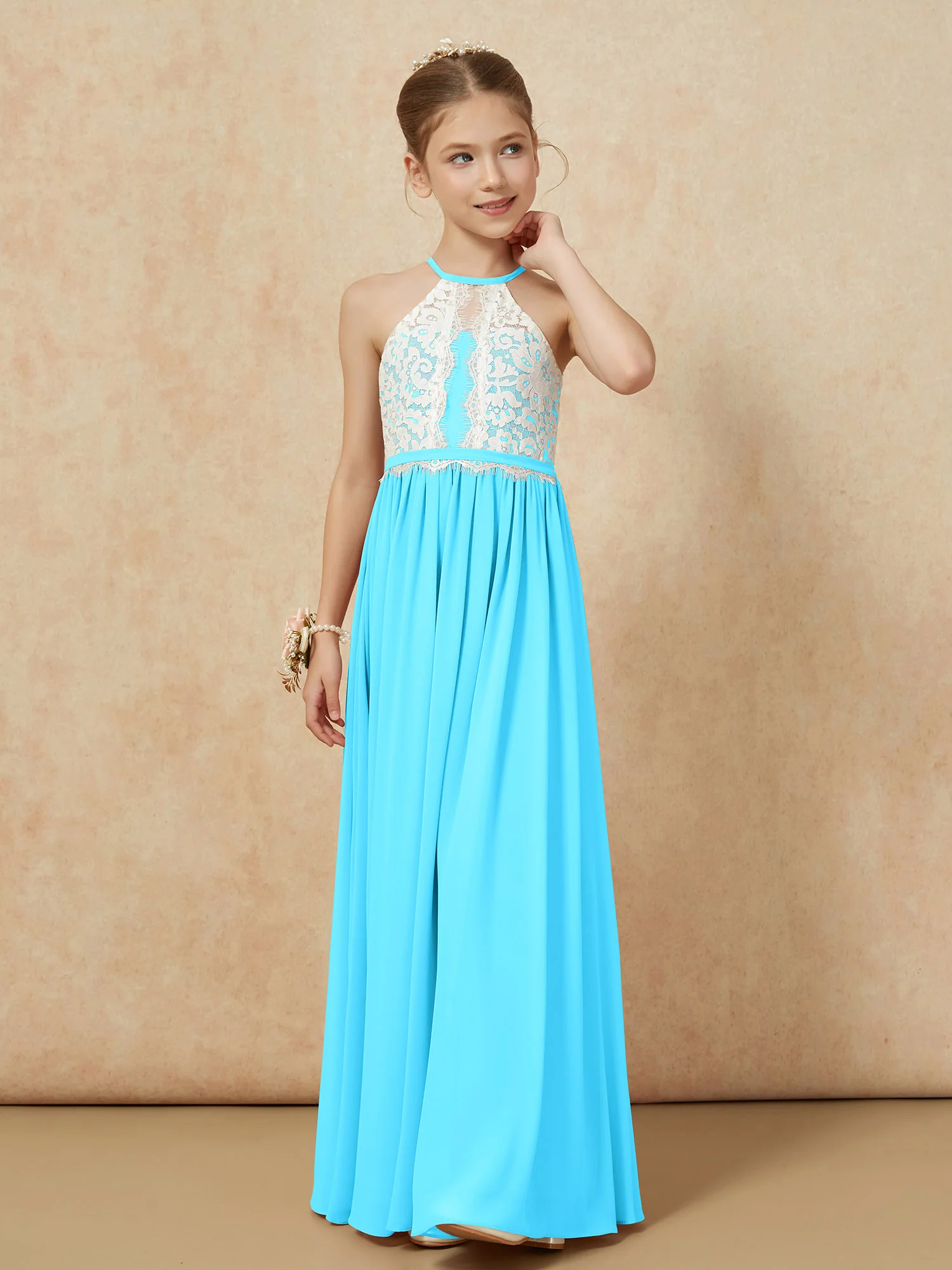Lace Top Sleeveless Pleated Long Junior Bridesmaid Dress Pool - Image 6