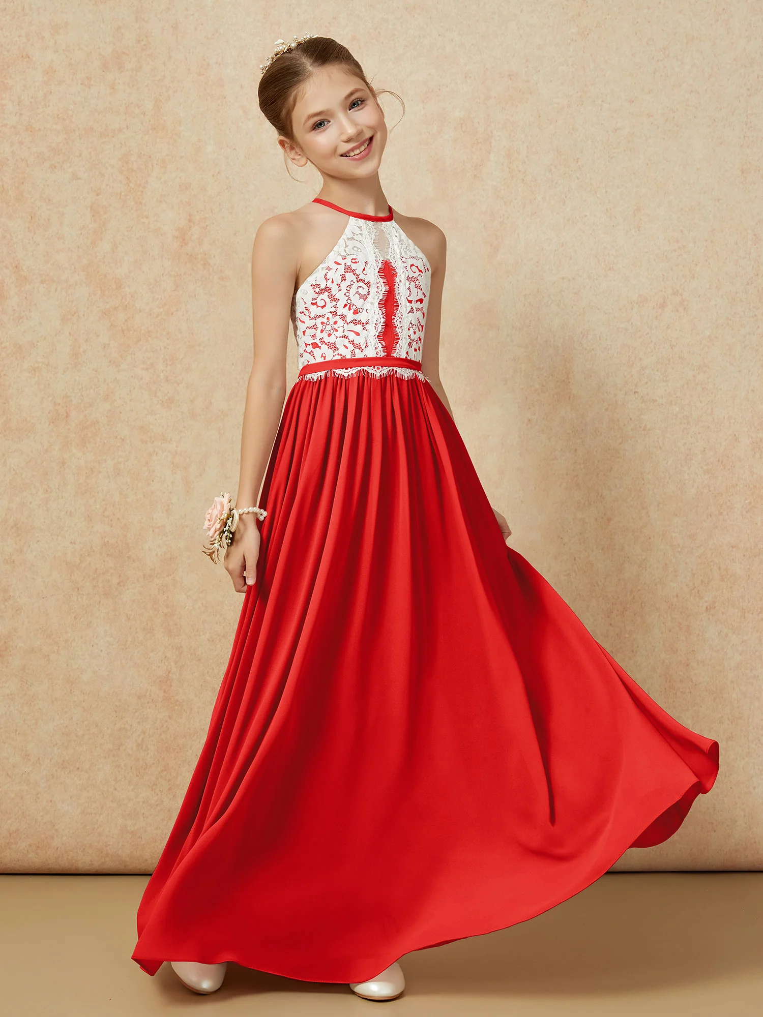 Lace Top Sleeveless Pleated Long Junior Bridesmaid Dress Red - Image 3