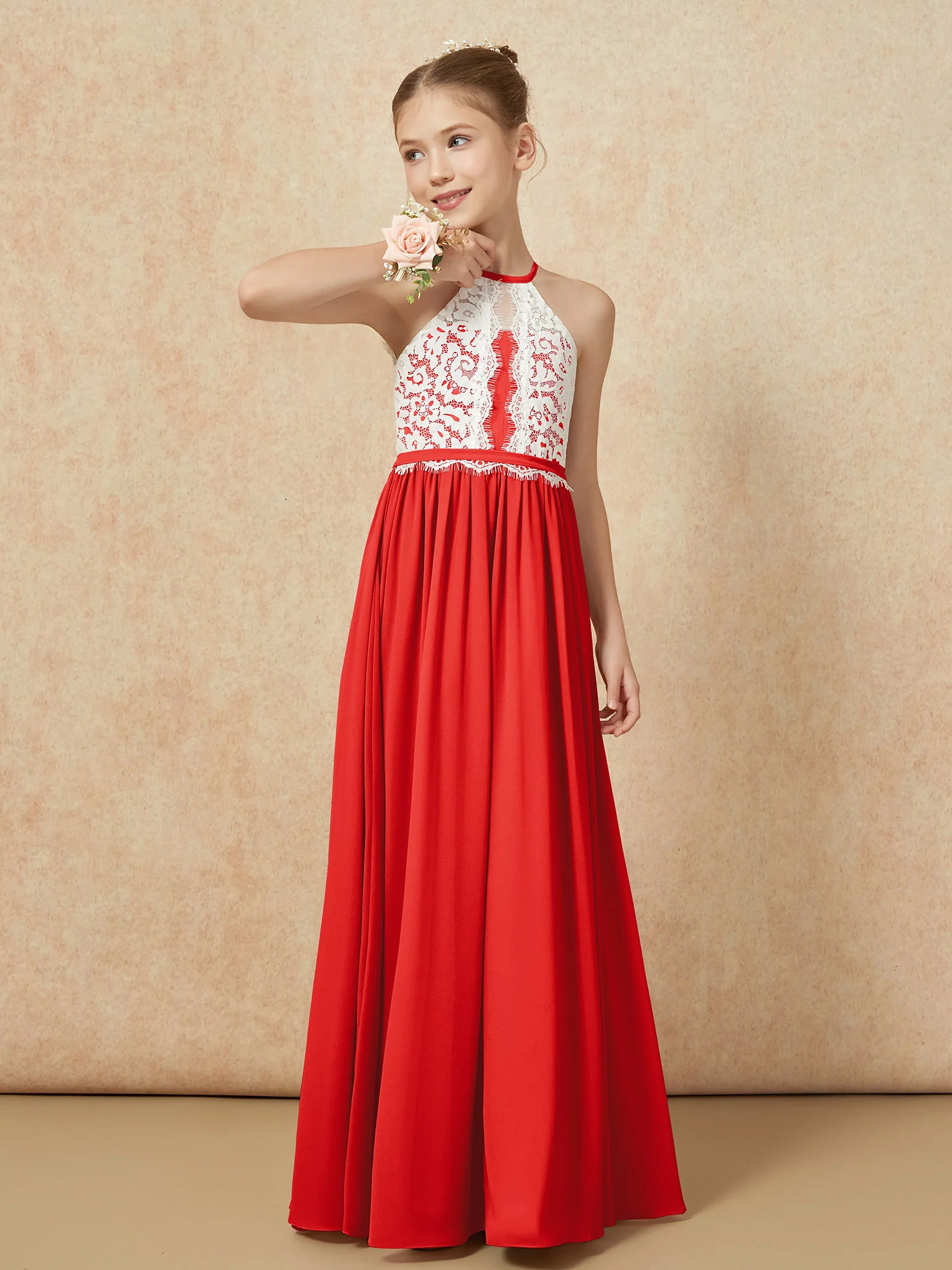 Lace Top Sleeveless Pleated Long Junior Bridesmaid Dress Red - Image 4