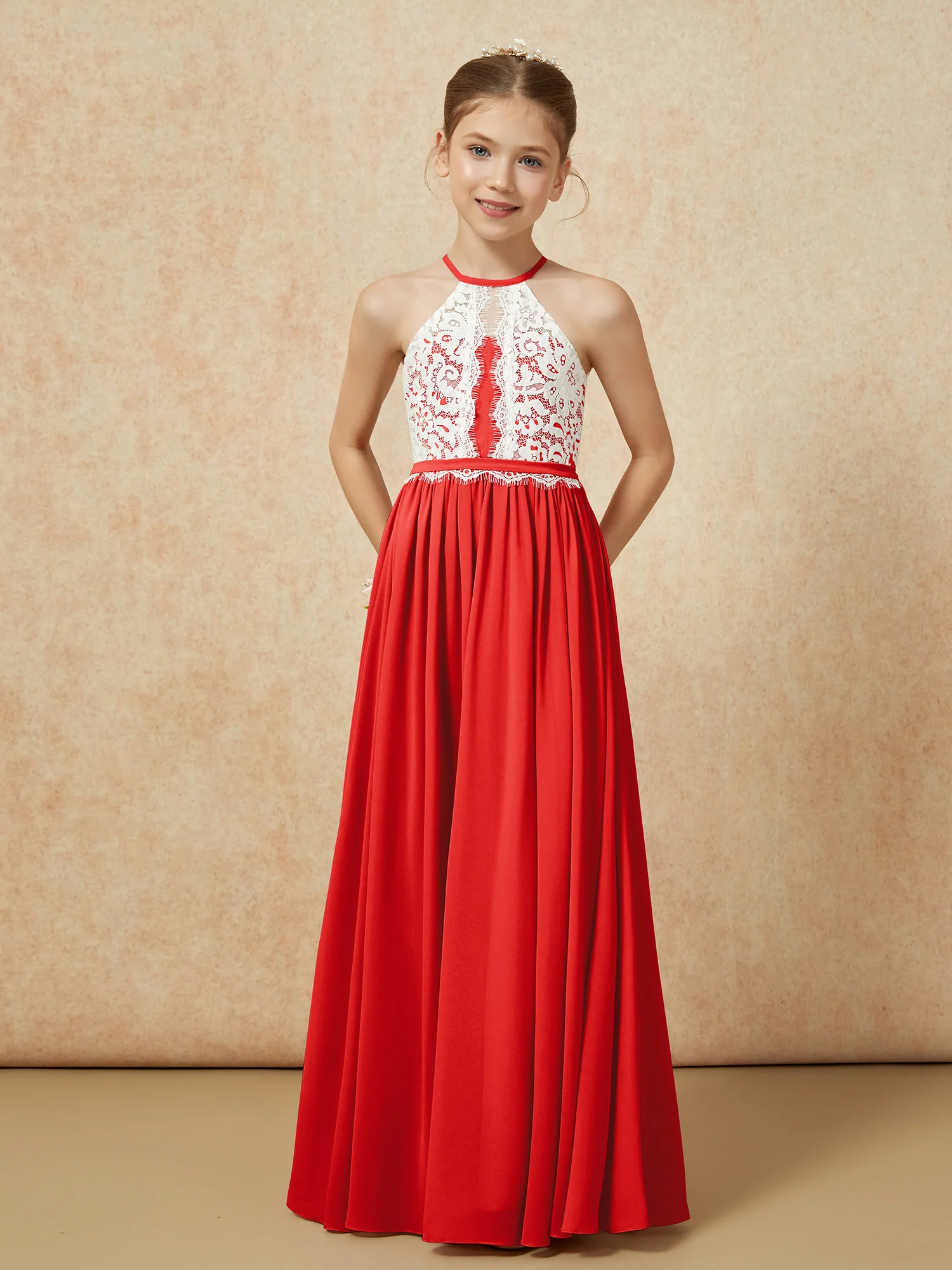 Lace Top Sleeveless Pleated Long Junior Bridesmaid Dress Red - Image 5