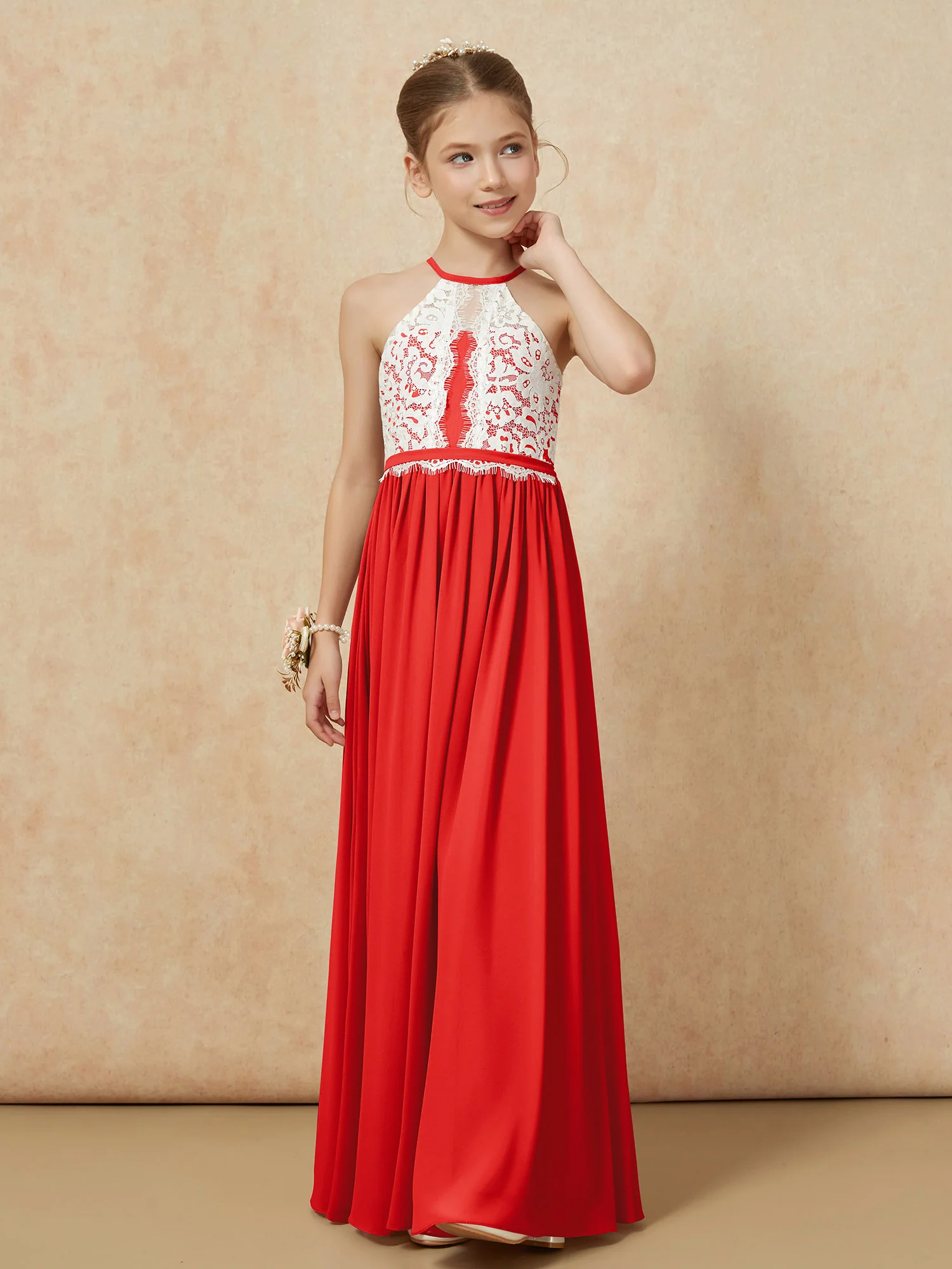 Lace Top Sleeveless Pleated Long Junior Bridesmaid Dress Red - Image 6