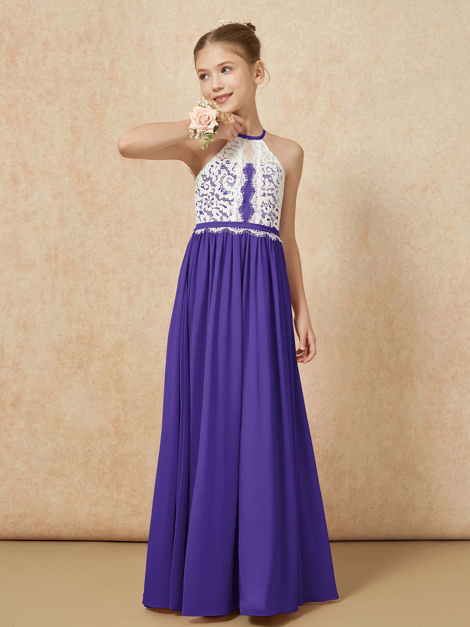 Lace Top Sleeveless Pleated Long Junior Bridesmaid Dress Regency - Image 4