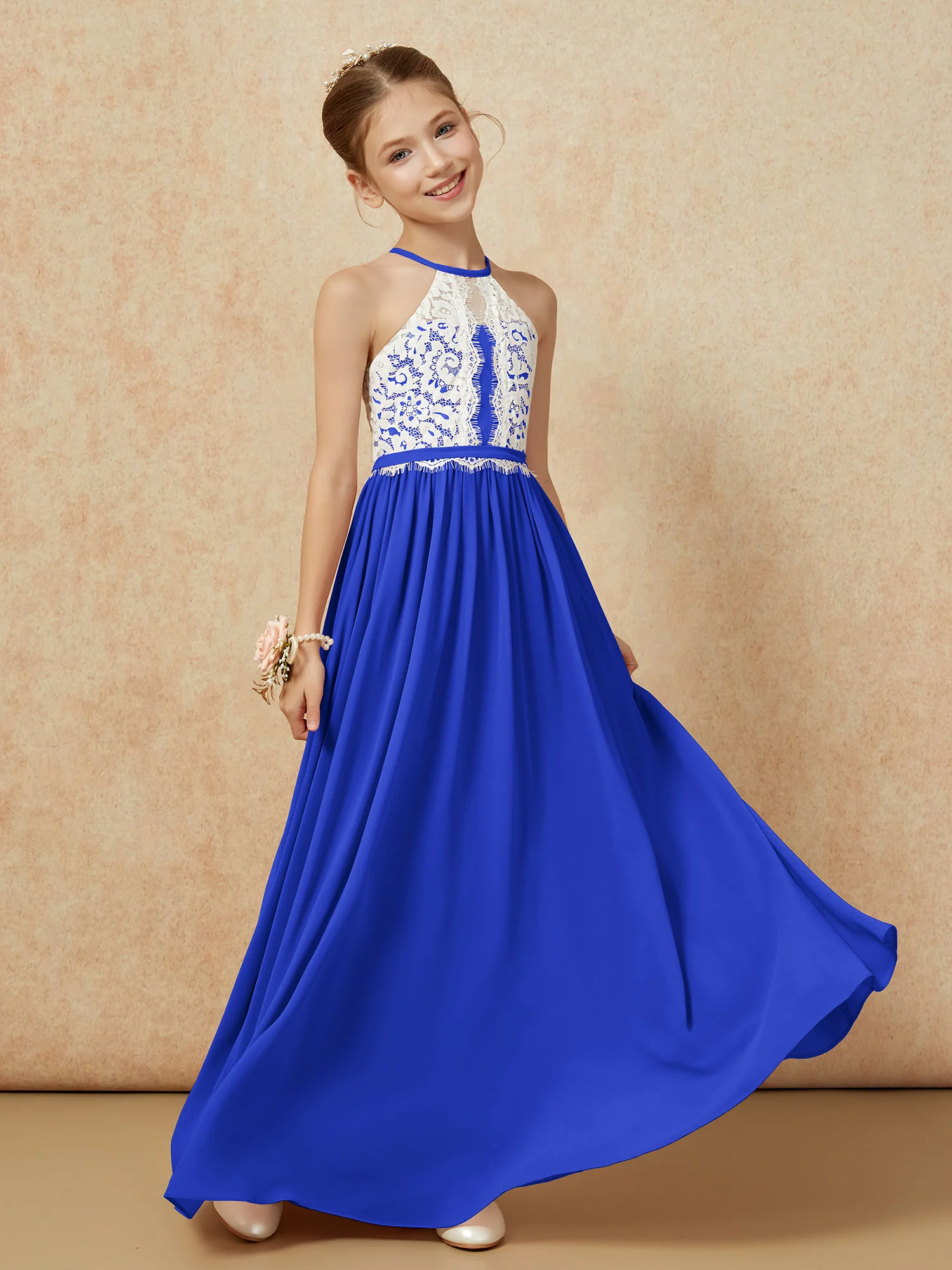 Lace Top Sleeveless Pleated Long Junior Bridesmaid Dress Royal Blue - Image 3