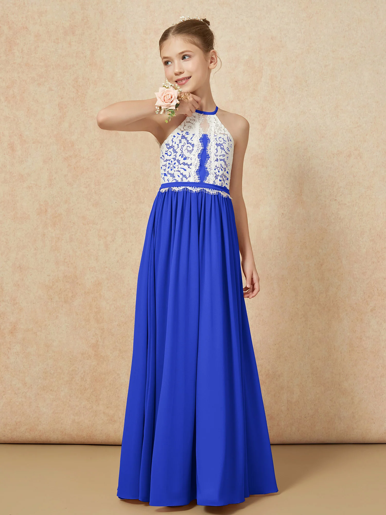 Lace Top Sleeveless Pleated Long Junior Bridesmaid Dress Royal Blue - Image 4