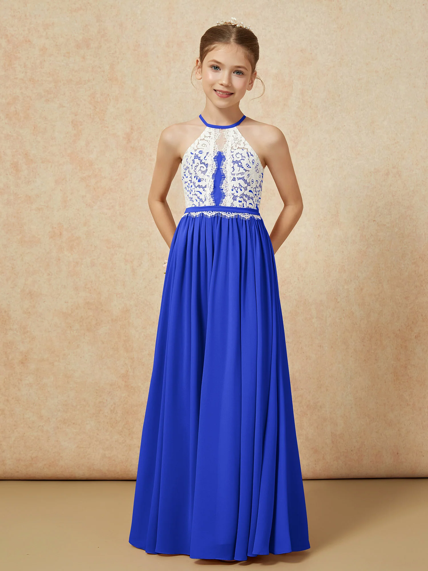 Lace Top Sleeveless Pleated Long Junior Bridesmaid Dress Royal Blue - Image 5