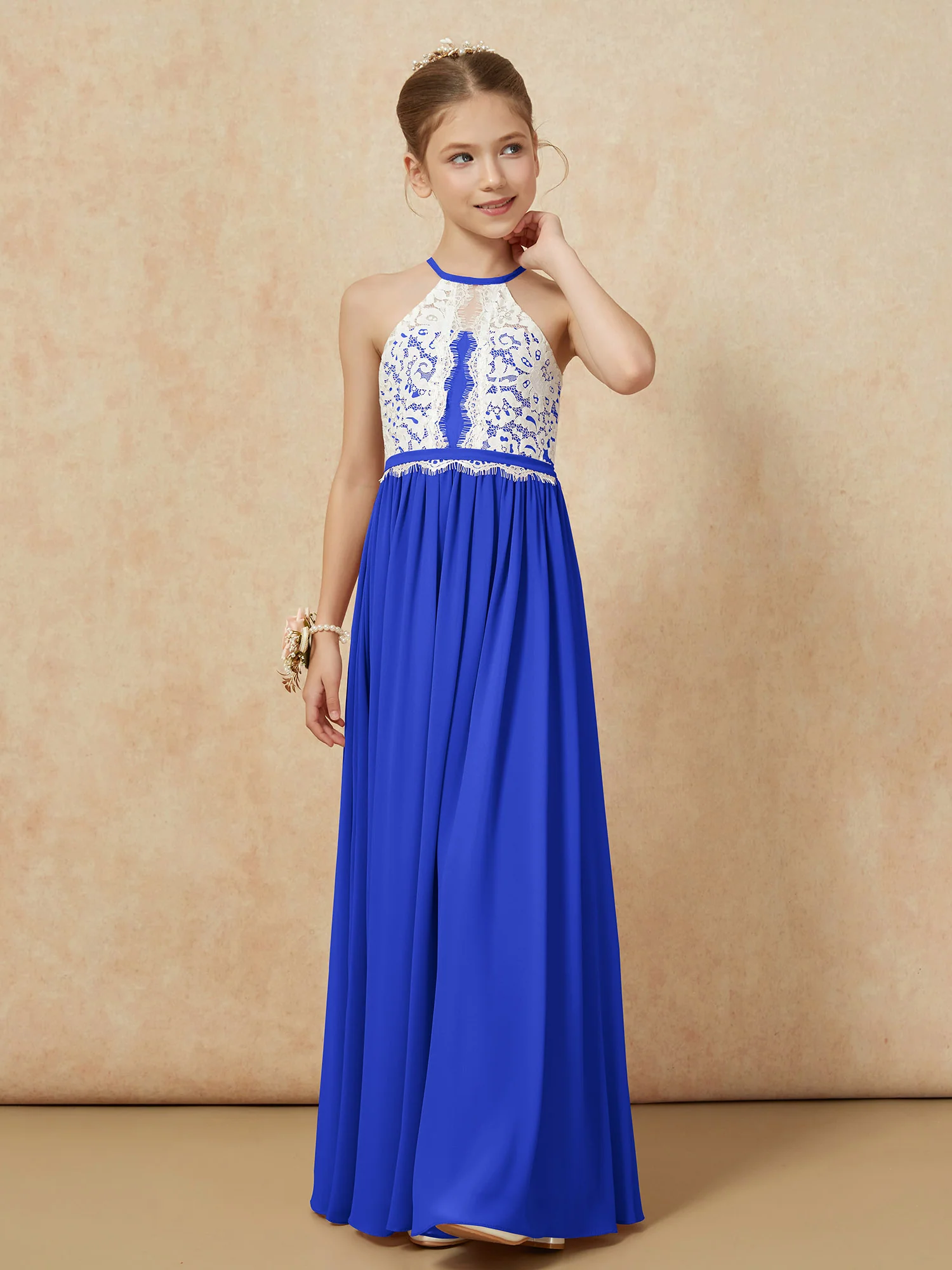 Lace Top Sleeveless Pleated Long Junior Bridesmaid Dress Royal Blue - Image 6