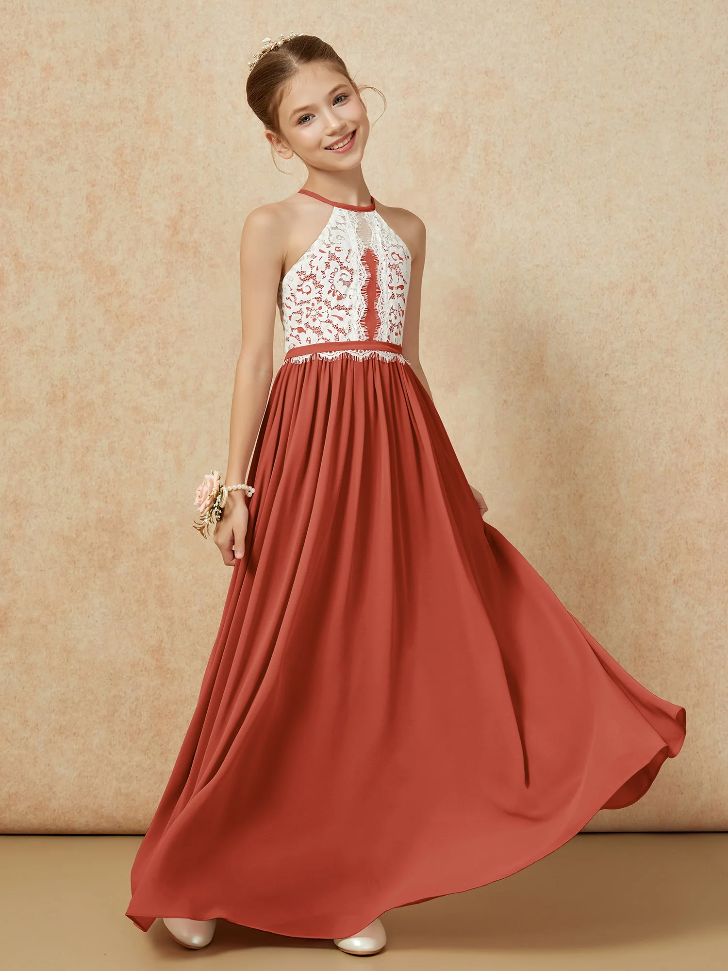 Lace Top Sleeveless Pleated Long Junior Bridesmaid Dress Rust - Image 3