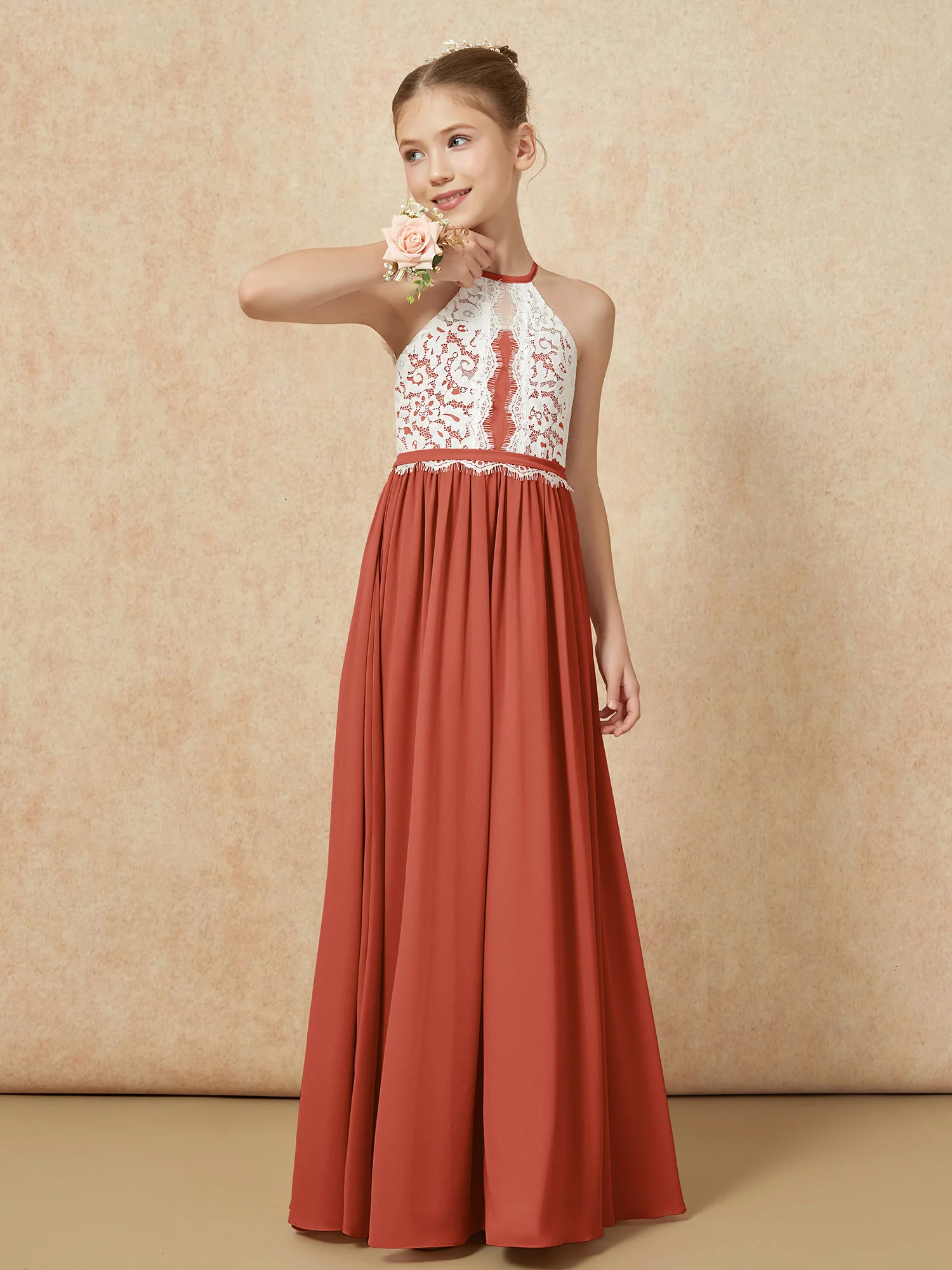 Lace Top Sleeveless Pleated Long Junior Bridesmaid Dress Rust - Image 4
