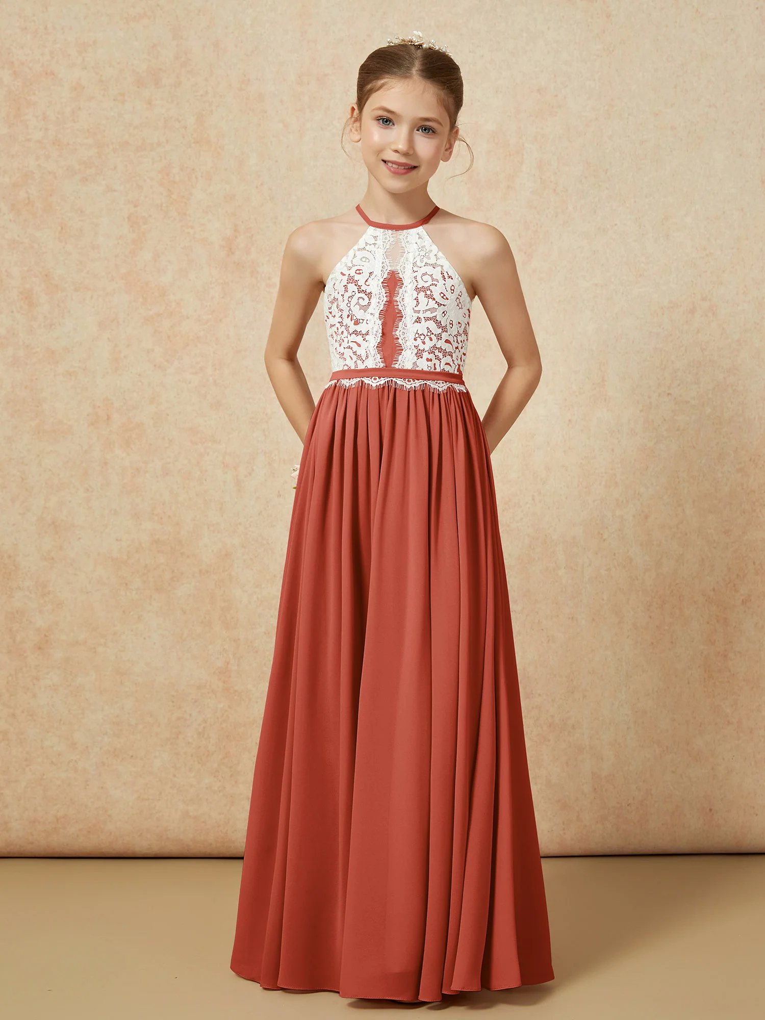 Lace Top Sleeveless Pleated Long Junior Bridesmaid Dress Rust - Image 5