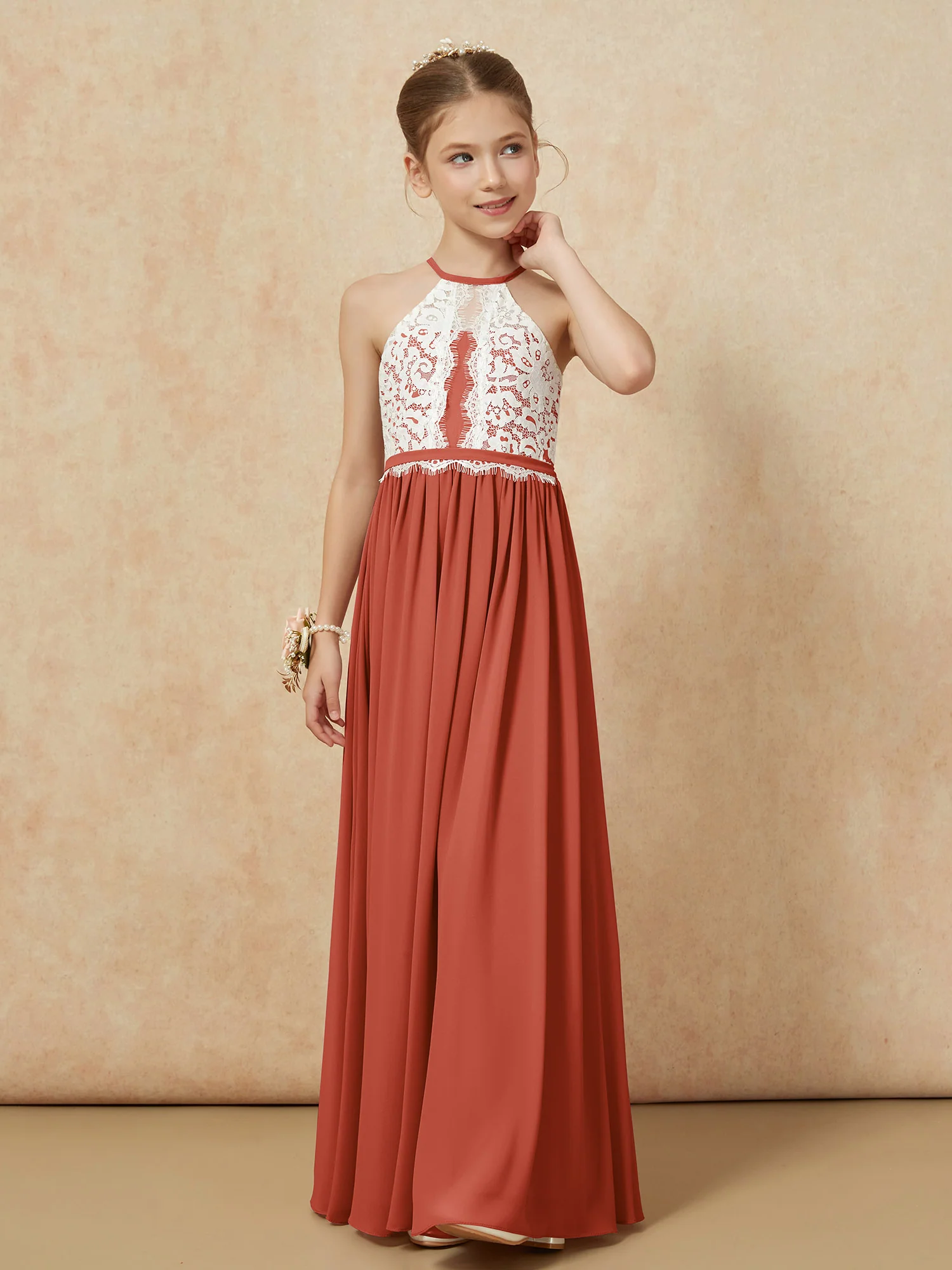Lace Top Sleeveless Pleated Long Junior Bridesmaid Dress Rust - Image 6
