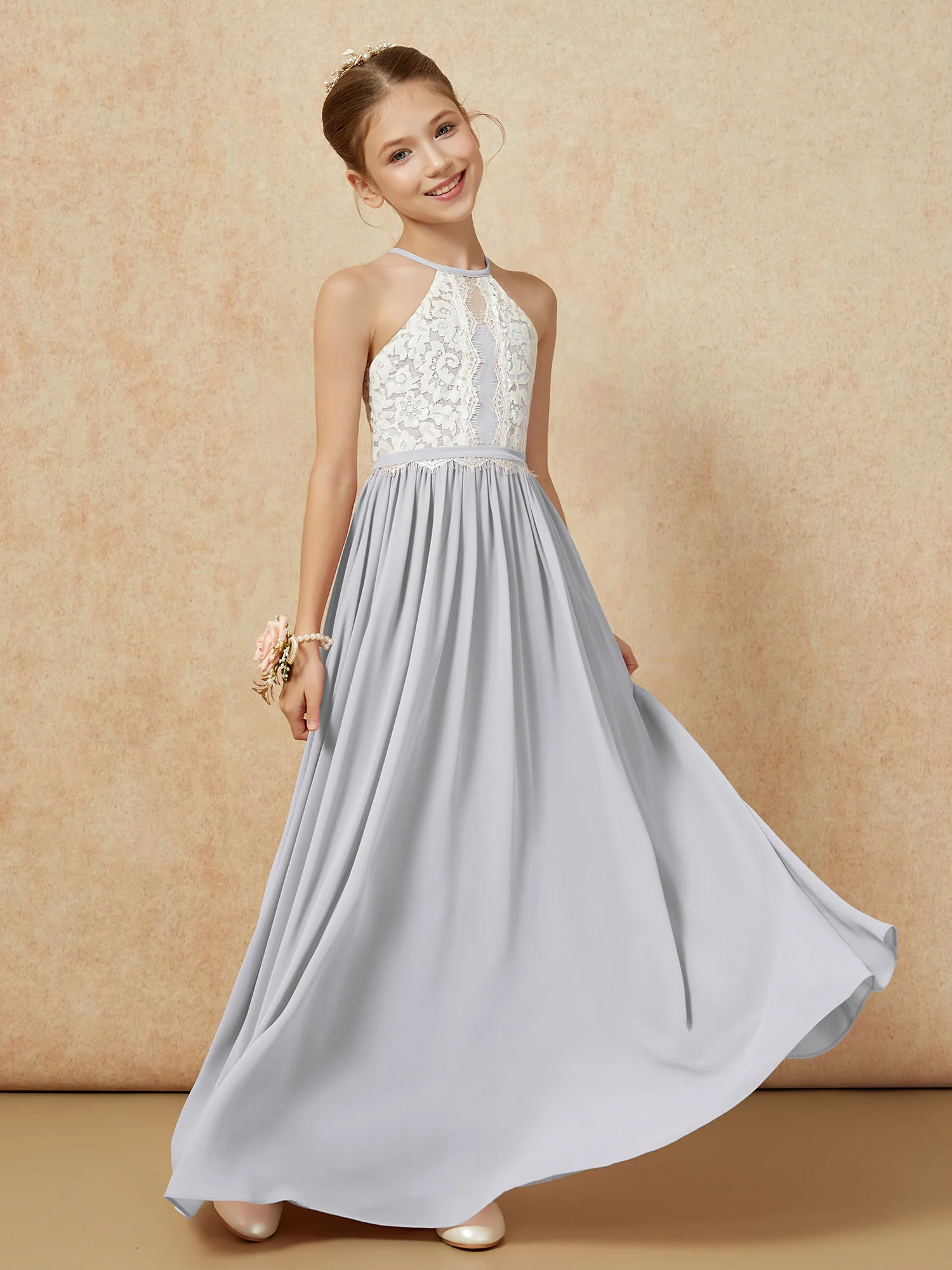 Lace Top Sleeveless Pleated Long Junior Bridesmaid Dress Silver - Image 3