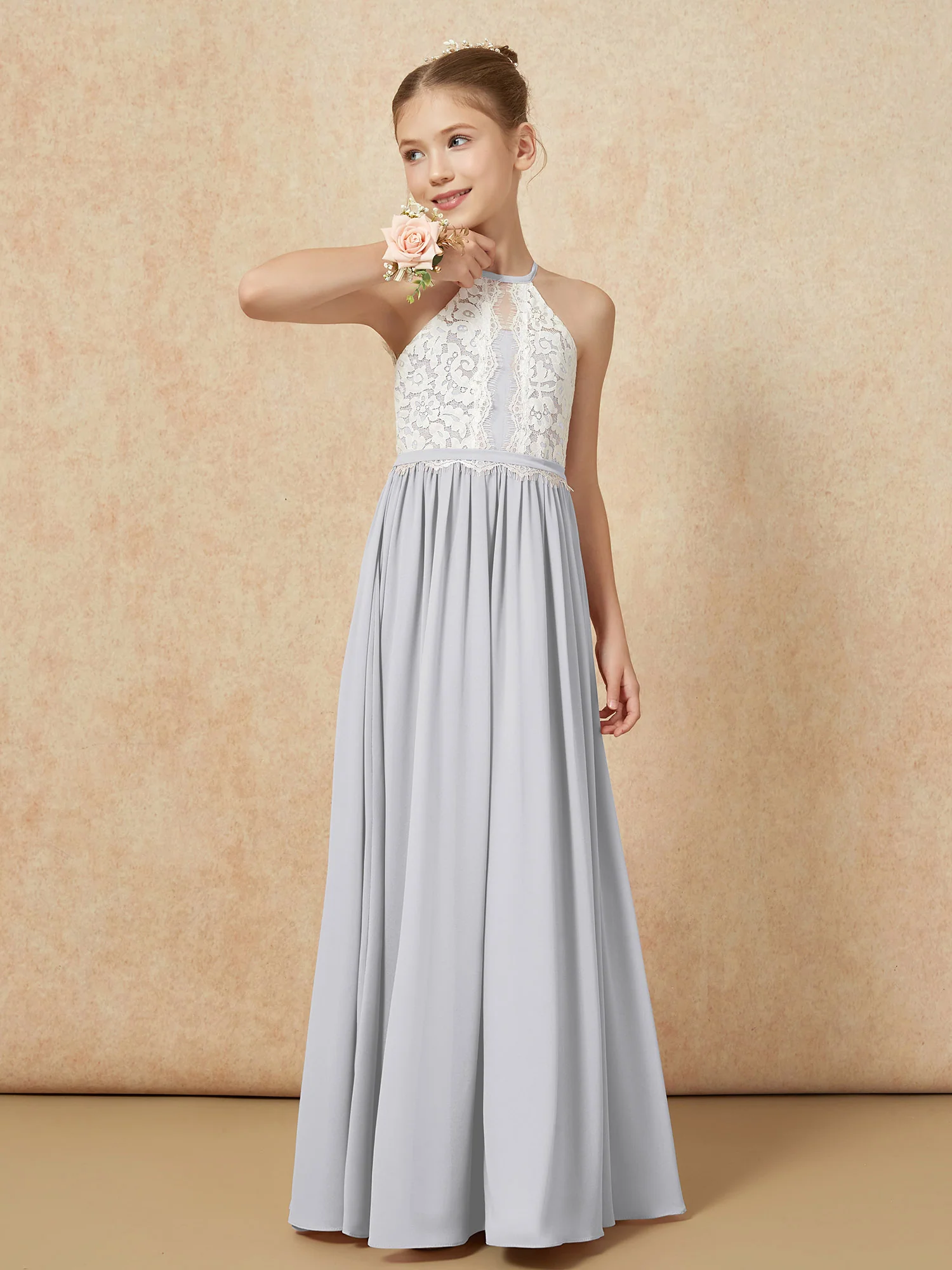 Lace Top Sleeveless Pleated Long Junior Bridesmaid Dress Silver - Image 4