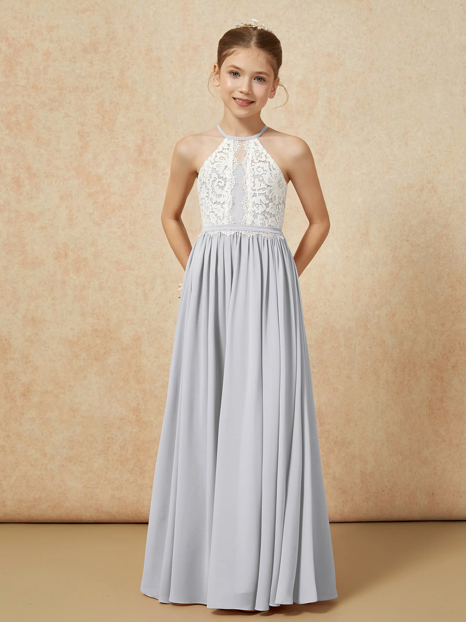 Lace Top Sleeveless Pleated Long Junior Bridesmaid Dress Silver - Image 5