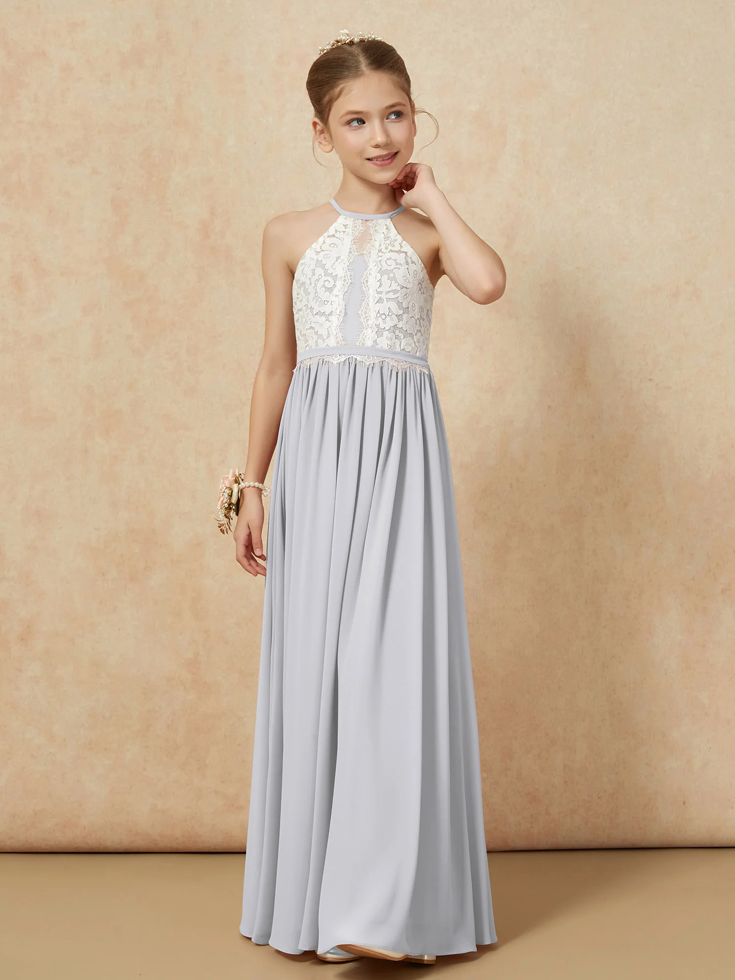 Lace Top Sleeveless Pleated Long Junior Bridesmaid Dress Silver - Image 6