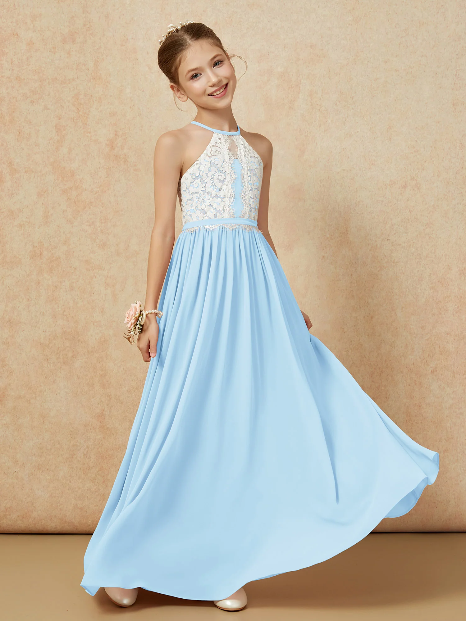 Lace Top Sleeveless Pleated Long Junior Bridesmaid Dress Sky Blue - Image 3