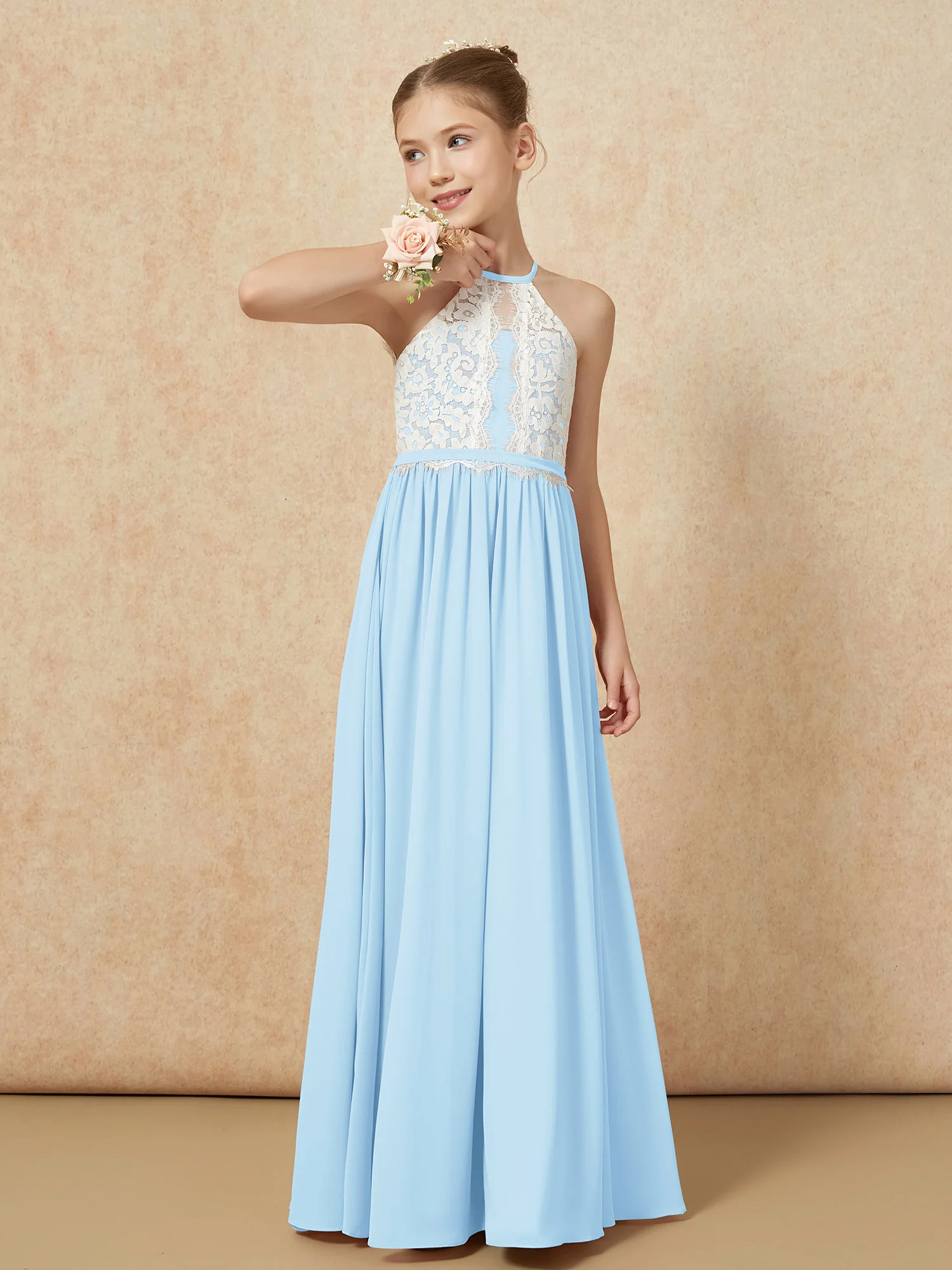 Lace Top Sleeveless Pleated Long Junior Bridesmaid Dress Sky Blue - Image 4