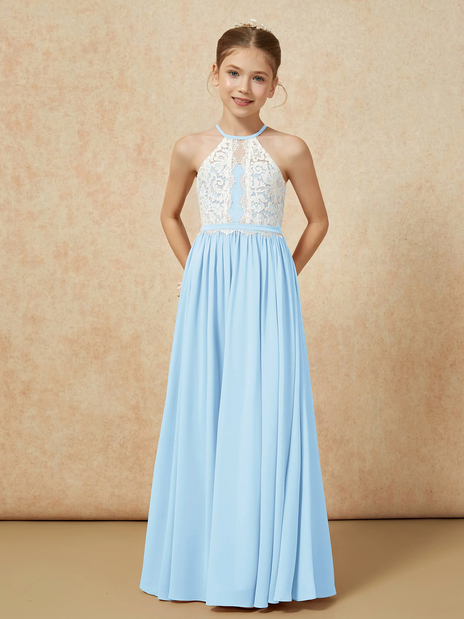 Lace Top Sleeveless Pleated Long Junior Bridesmaid Dress Sky Blue - Image 5