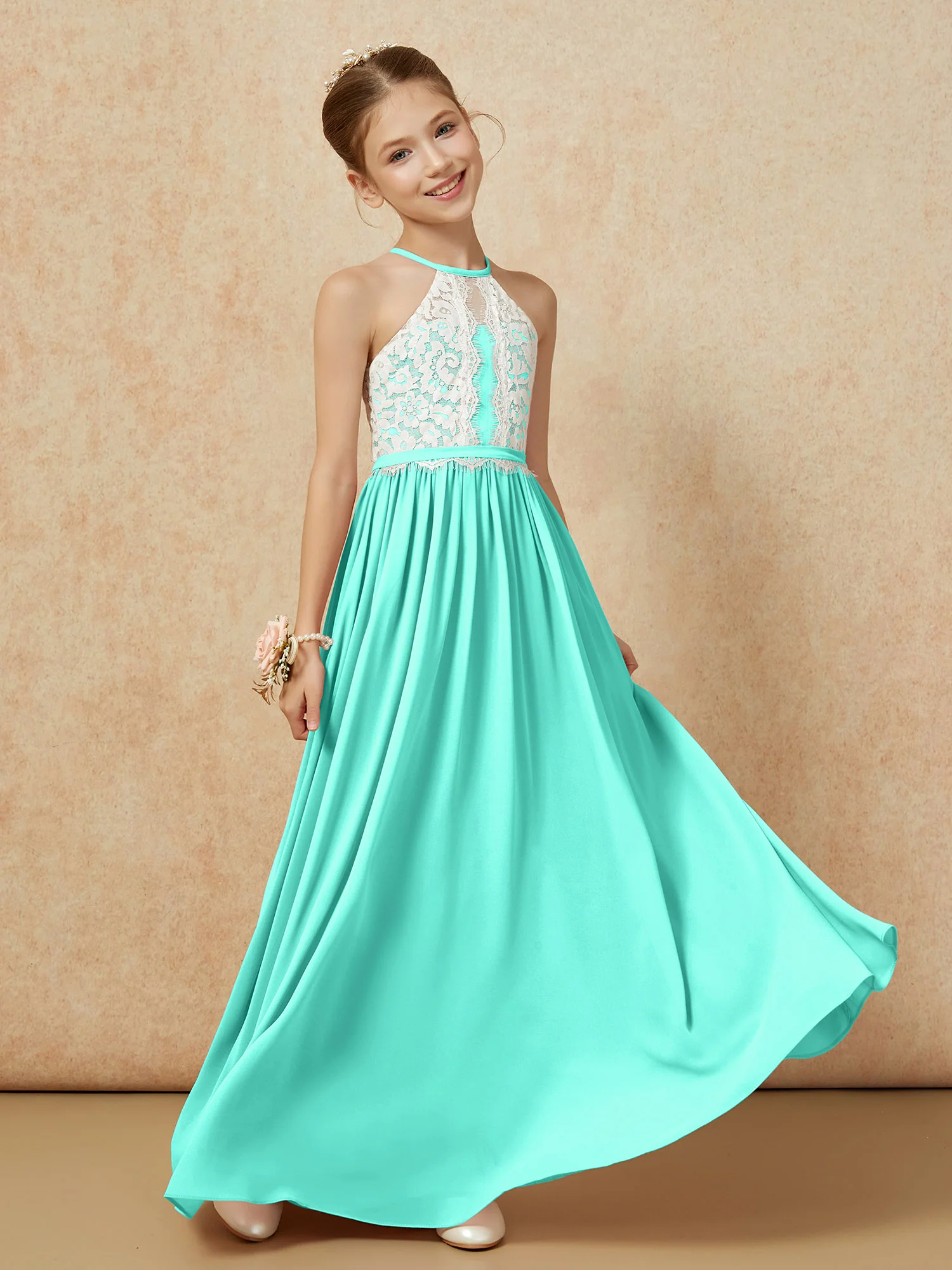 Lace Top Sleeveless Pleated Long Junior Bridesmaid Dress Spa - Image 3