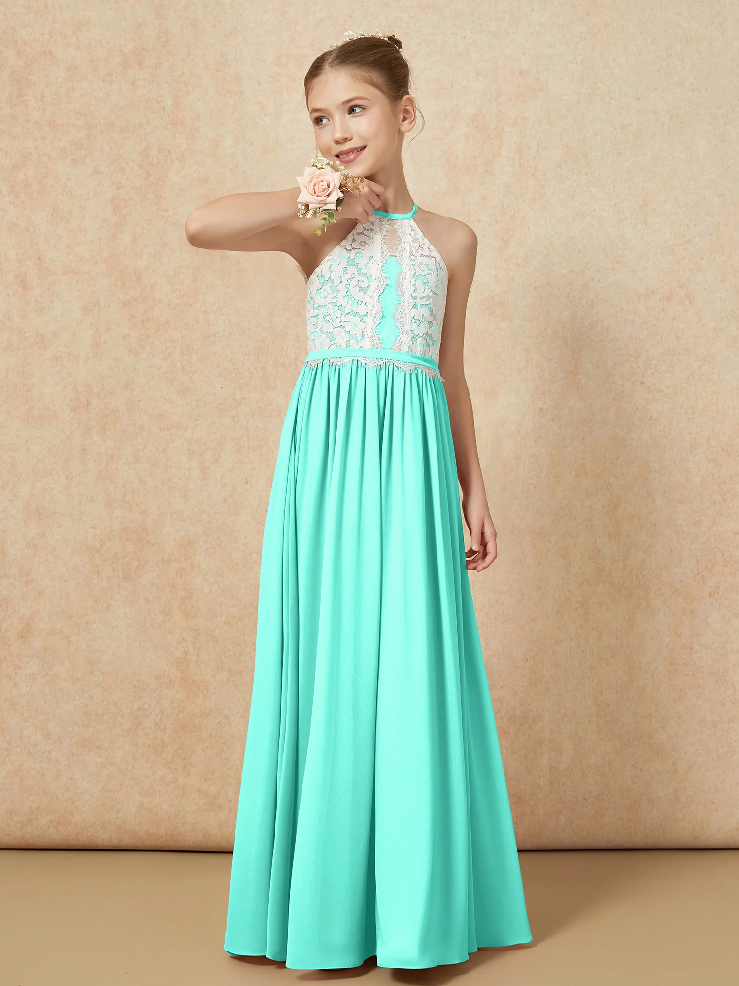 Lace Top Sleeveless Pleated Long Junior Bridesmaid Dress Spa - Image 4